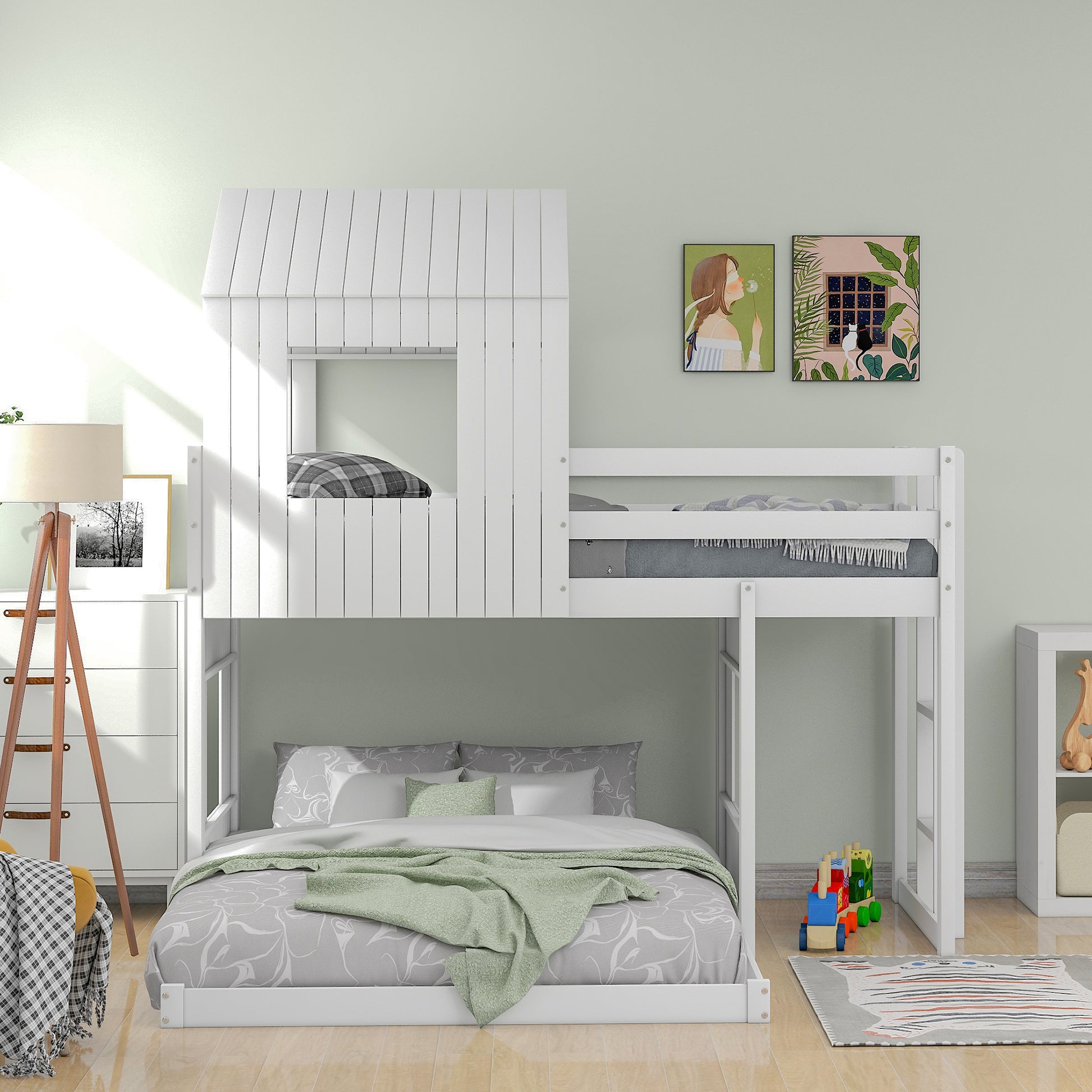 Wooden Twin Over Full Bunk Bed, Loft Bed With Playhouse, Farmhouse, Ladder And Guardrails, White Old Sku: Lt000027Aak White Solid Wood