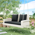 2 Person Wicker Hanging Porch Swing With Chains, Cushion, Pillow, Rattan Swing Bench For Garden, Backyard, Pond. White Wicker, Gray Cushion White Wicker