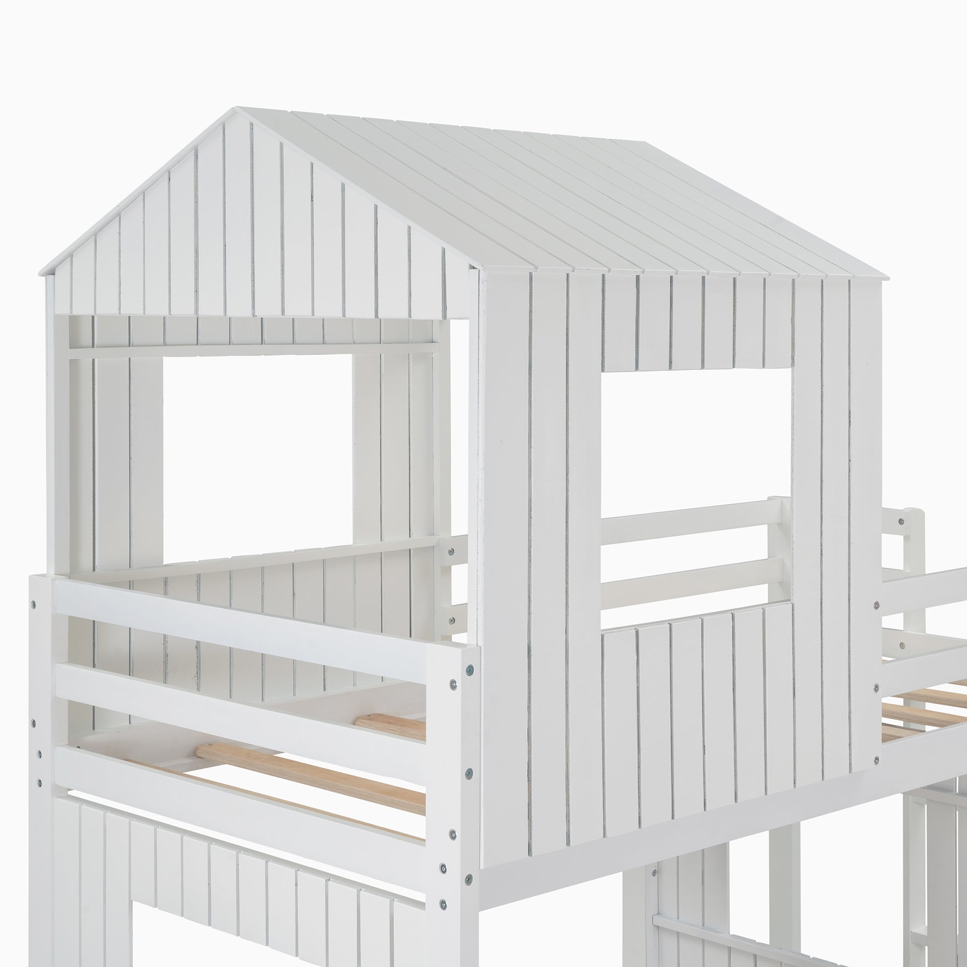 Wooden Twin Over Full Bunk Bed, Loft Bed With Playhouse, Farmhouse, Ladder And Guardrails, White Old Sku: Lt000027Aak White Solid Wood