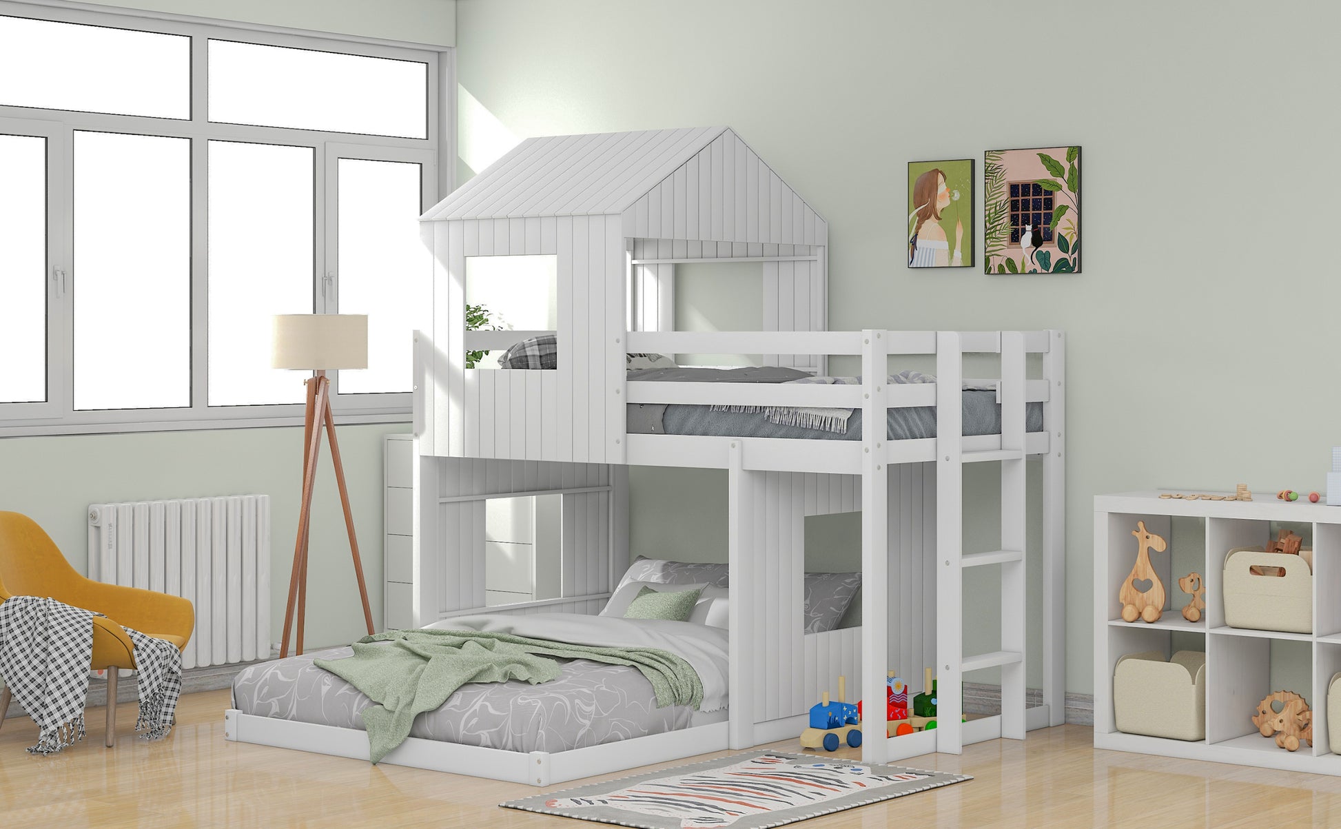 Wooden Twin Over Full Bunk Bed, Loft Bed With Playhouse, Farmhouse, Ladder And Guardrails, White Old Sku: Lt000027Aak White Solid Wood