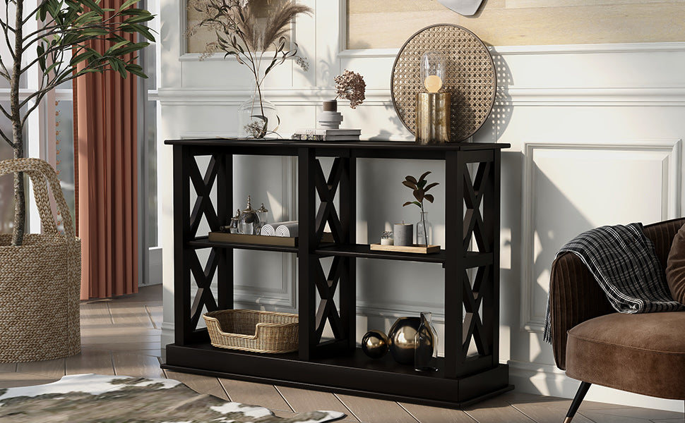 Console Table With 3 Tier Open Storage Spaces And "X" Legs, Narrow Sofa Entry Table For Living Room, Entryway And Hallway Black Black Solid Wood