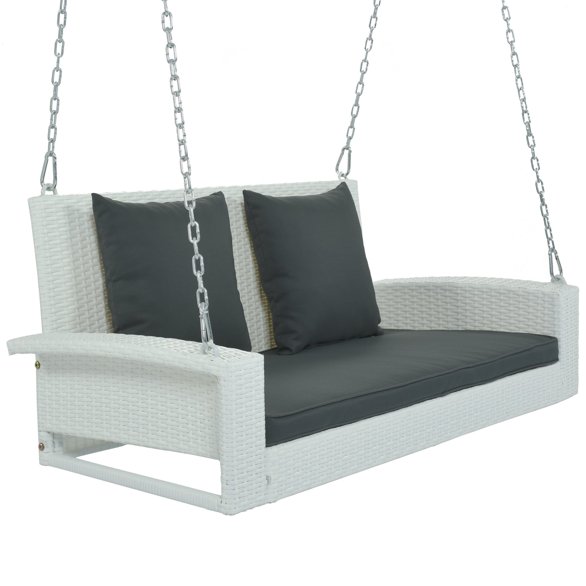 2 Person Wicker Hanging Porch Swing With Chains, Cushion, Pillow, Rattan Swing Bench For Garden, Backyard, Pond. White Wicker, Gray Cushion White Wicker