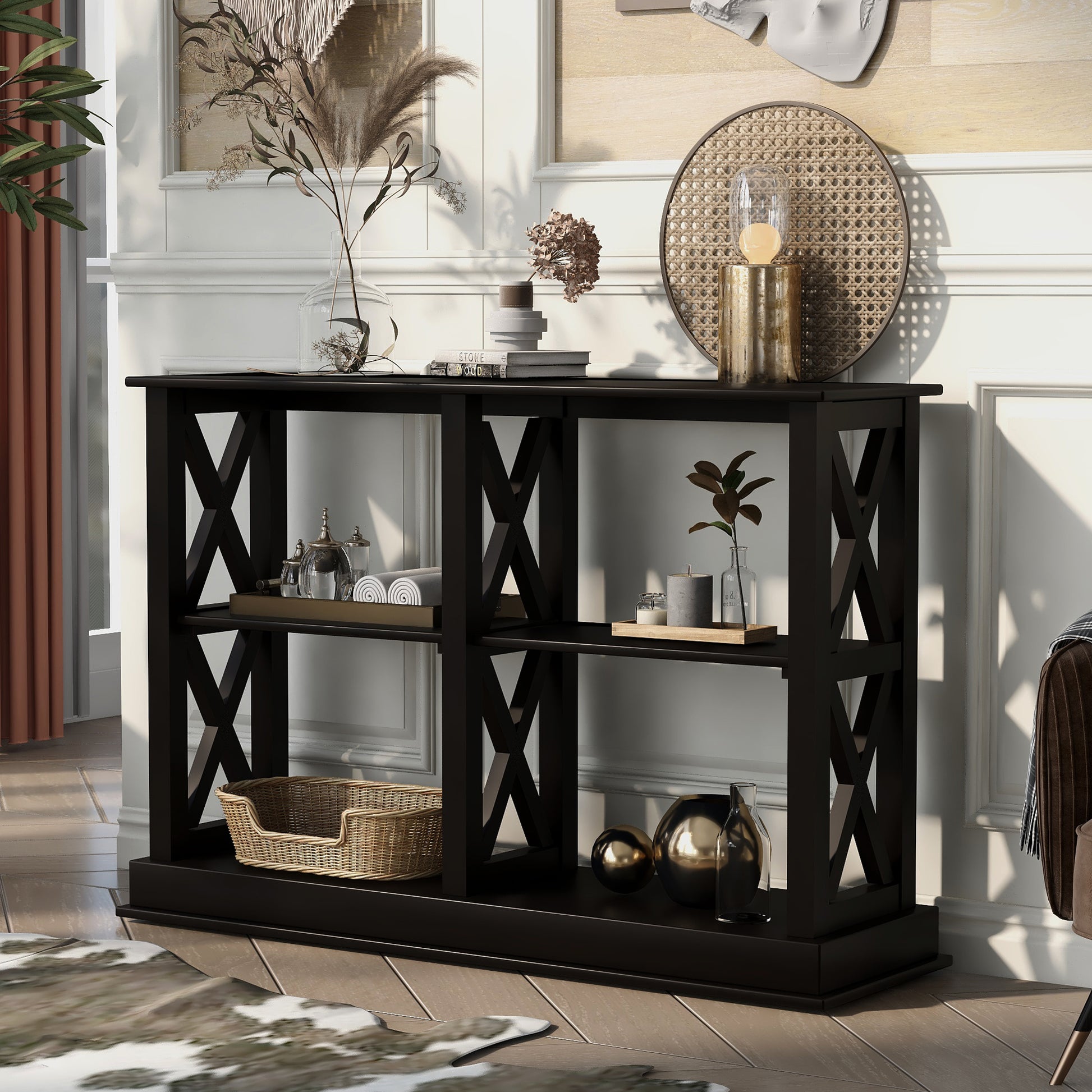 Console Table With 3 Tier Open Storage Spaces And "X" Legs, Narrow Sofa Entry Table For Living Room, Entryway And Hallway Black Black Solid Wood