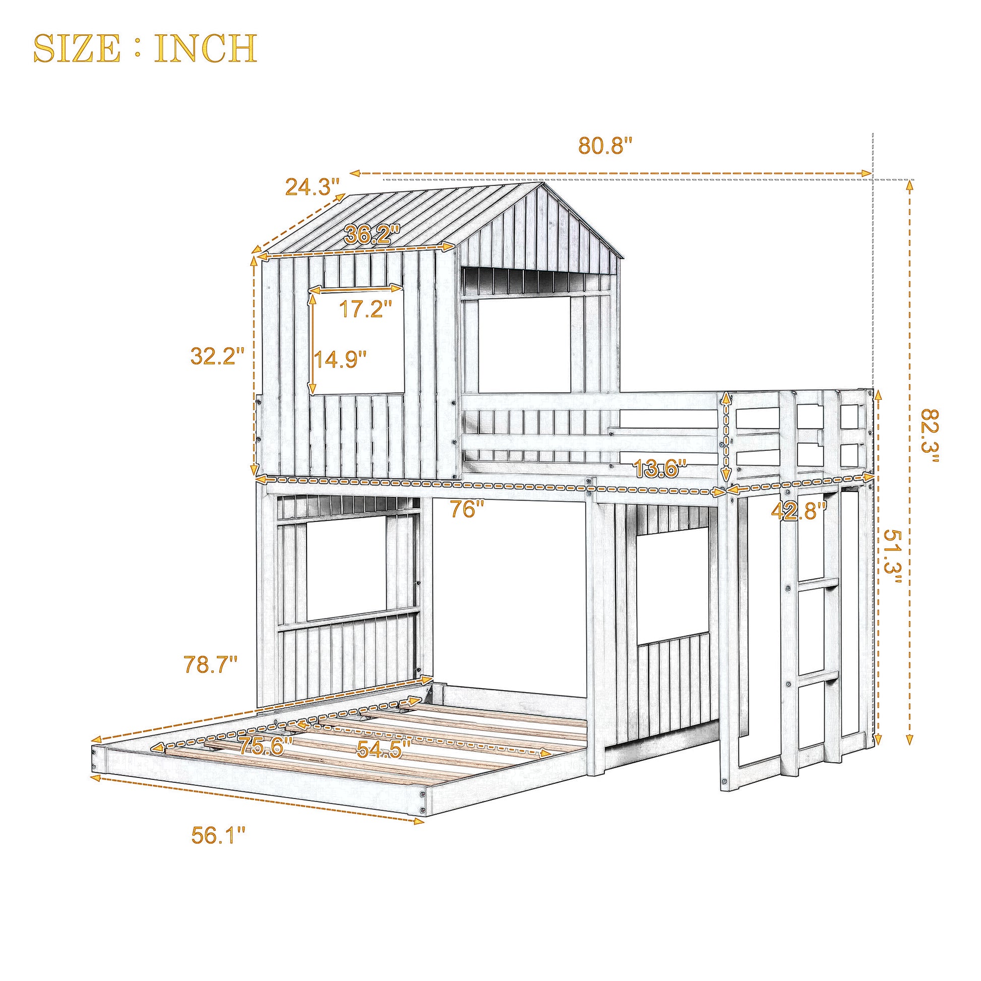 Wooden Twin Over Full Bunk Bed, Loft Bed With Playhouse, Farmhouse, Ladder And Guardrailsantique Gray Old Sku: Lt000027Aae Antique Gray Solid Wood