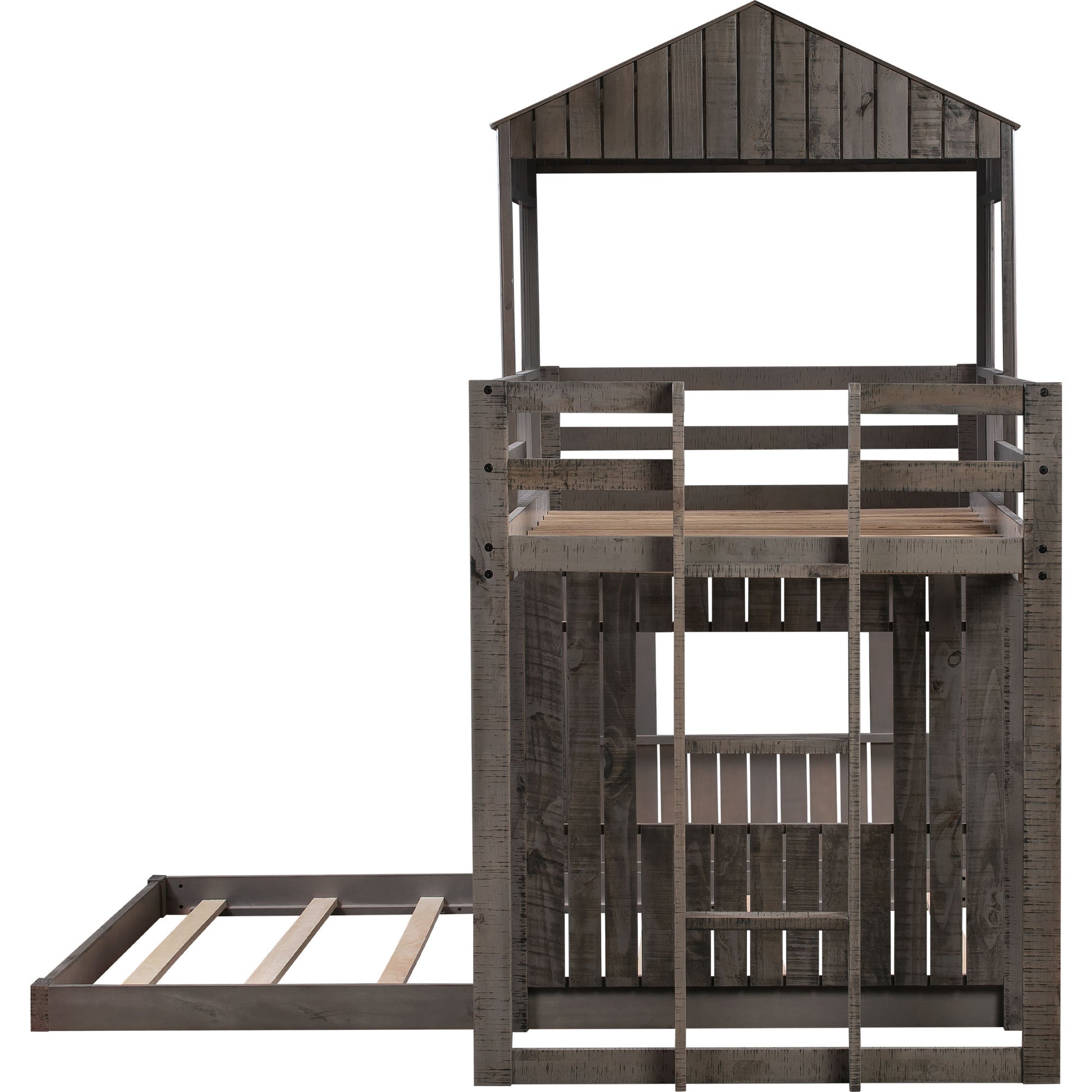 Wooden Twin Over Full Bunk Bed, Loft Bed With Playhouse, Farmhouse, Ladder And Guardrailsantique Gray Old Sku: Lt000027Aae Antique Gray Solid Wood