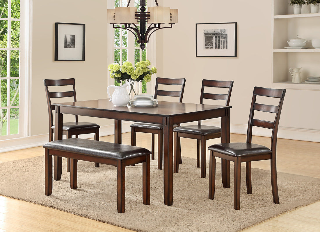 Classic Style 6Pcs Dining Set Rectangle Table 4 Side Chairs And Bench Dining Room Furniture Mdf Rubber Wood Brown Wood Dining Room Solid Wood Rubberwood Rectangular Dining Table With Chair And Bench Wood Wood Espresso Ladder Back Seats 6 60 Inches