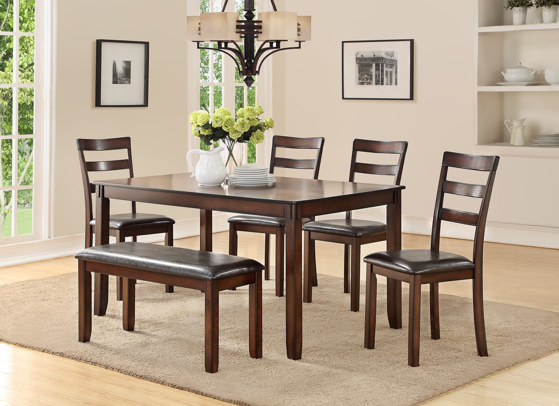 Classic Style 6Pcs Dining Set Rectangle Table 4 Side Chairs And Bench Dining Room Furniture Mdf Rubber Wood Brown Wood Dining Room Solid Wood Rubberwood Rectangular Dining Table With Chair And Bench Wood Wood Espresso Ladder Back Seats 6 60 Inches