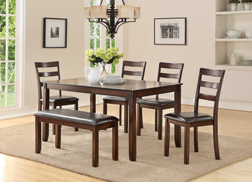 Classic Style 6Pcs Dining Set Rectangle Table 4 Side Chairs And Bench Dining Room Furniture Mdf Rubber Wood Brown Wood Dining Room Solid Wood Rubberwood Rectangular Dining Table With Chair And Bench Wood Wood Espresso Ladder Back Seats 6 60 Inches