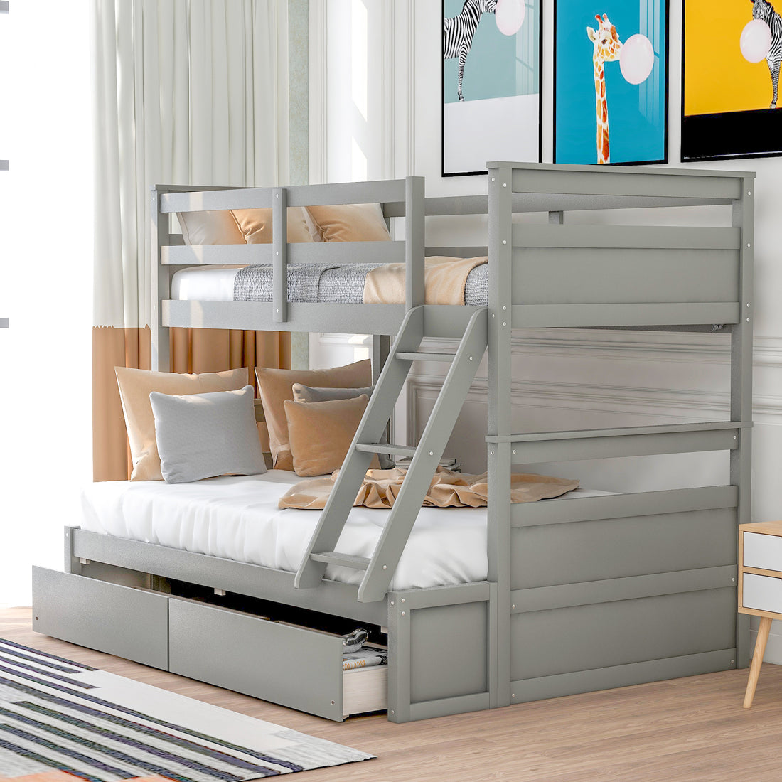 Twin Over Full Bunk Bed With Storage Gray Old Sku :Lp000022Aae Twin Gray Solid Wood