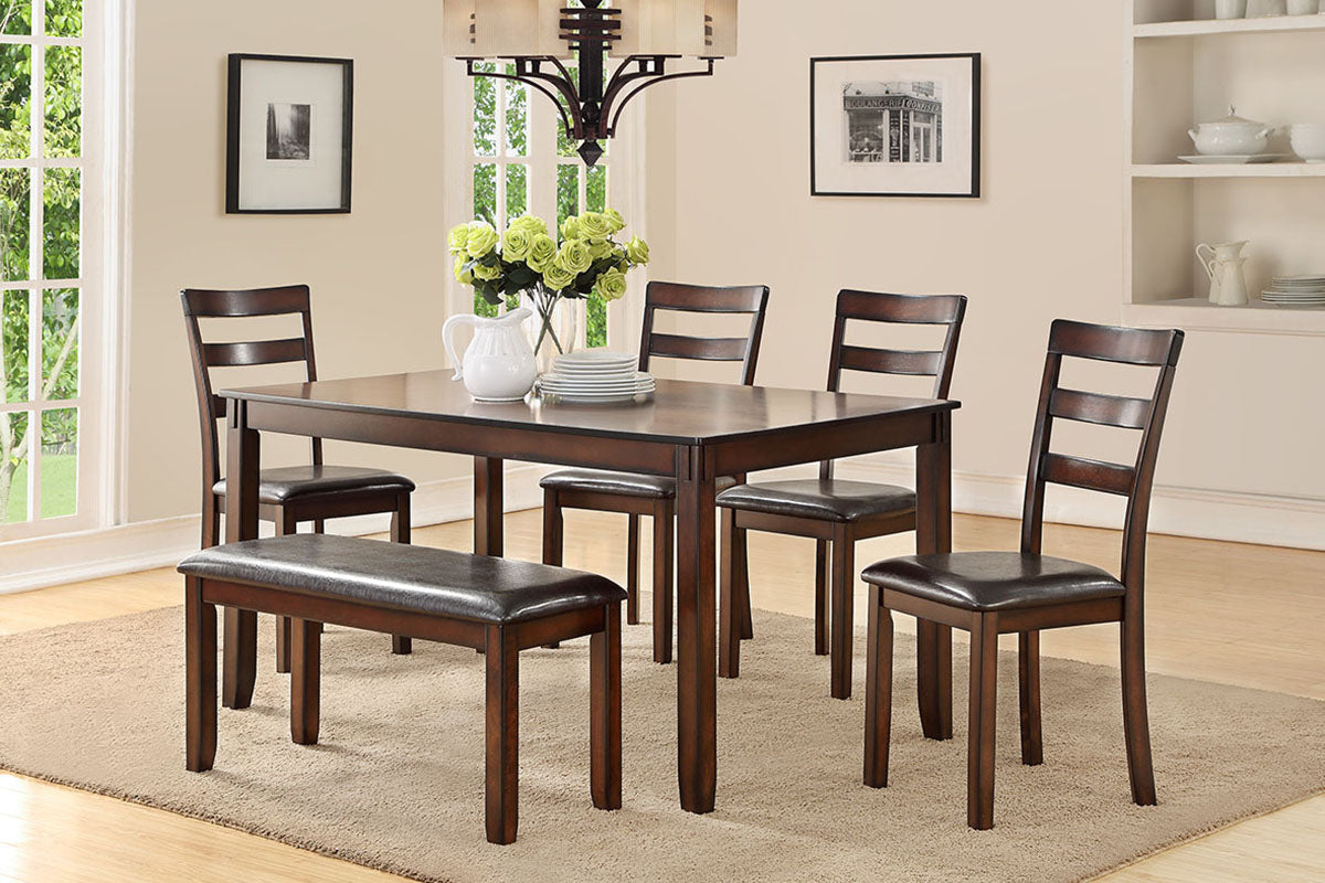 Classic Style 6Pcs Dining Set Rectangle Table 4 Side Chairs And Bench Dining Room Furniture Mdf Rubber Wood Brown Wood Dining Room Solid Wood Rubberwood Rectangular Dining Table With Chair And Bench Wood Wood Espresso Ladder Back Seats 6 60 Inches