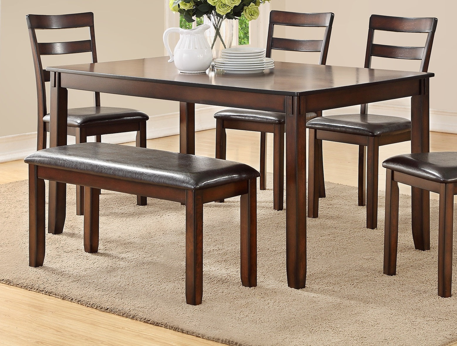 Classic Style 6Pcs Dining Set Rectangle Table 4 Side Chairs And Bench Dining Room Furniture Mdf Rubber Wood Brown Wood Dining Room Solid Wood Rubberwood Rectangular Dining Table With Chair And Bench Wood Wood Espresso Ladder Back Seats 6 60 Inches