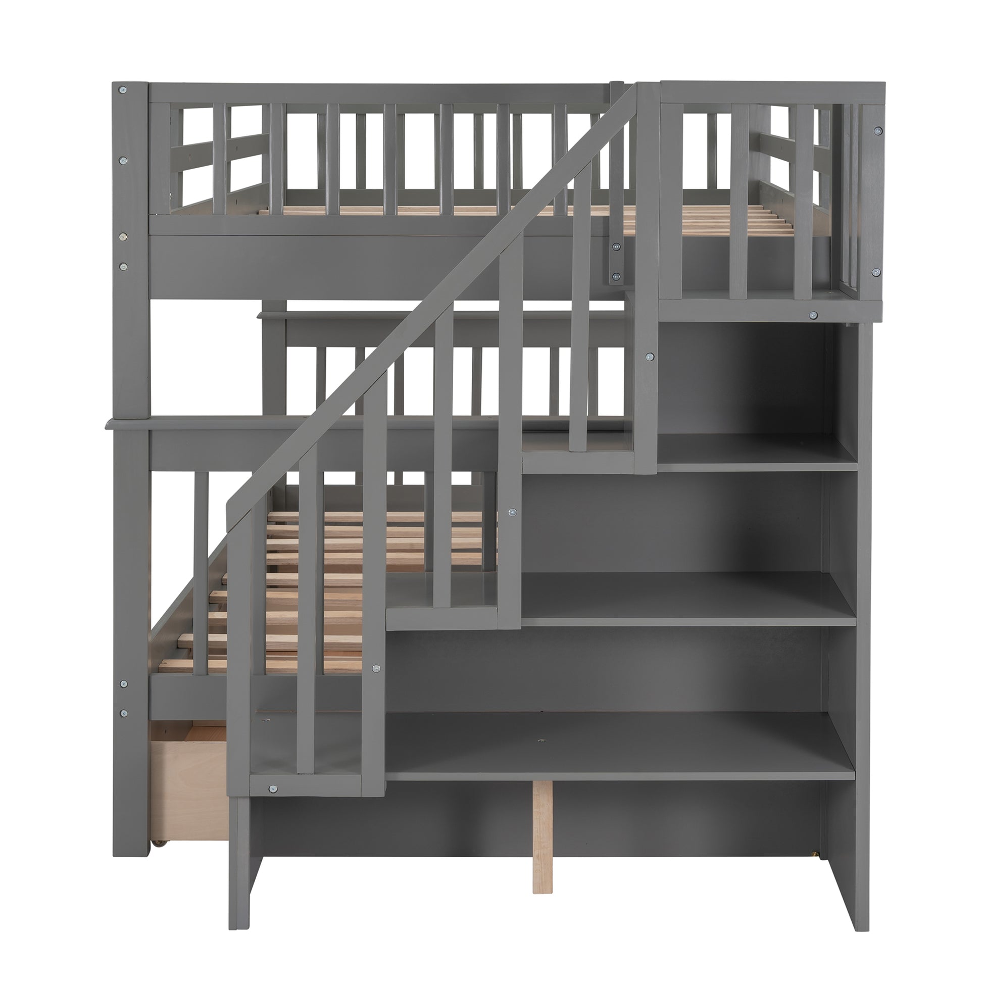 Stairway Full Over Full Bunk Bed With Drawer, Storage And Guard Rail For Bedroom, Gray Color Old Sku: Lp000310Aae Gray Solid Wood