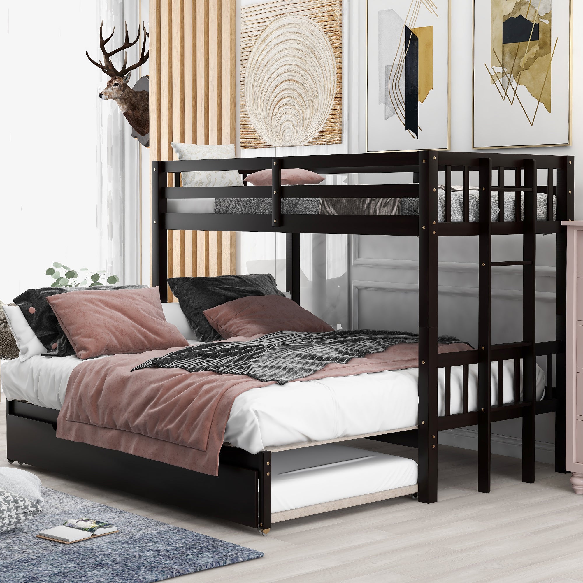 Twin Over Pull Out Bunk Bed With Trundle, Espresso Twin Espresso Pine