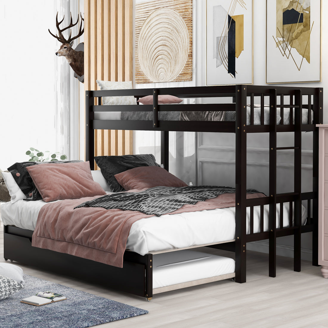 Twin Over Pull Out Bunk Bed With Trundle, Espresso Twin Espresso Pine