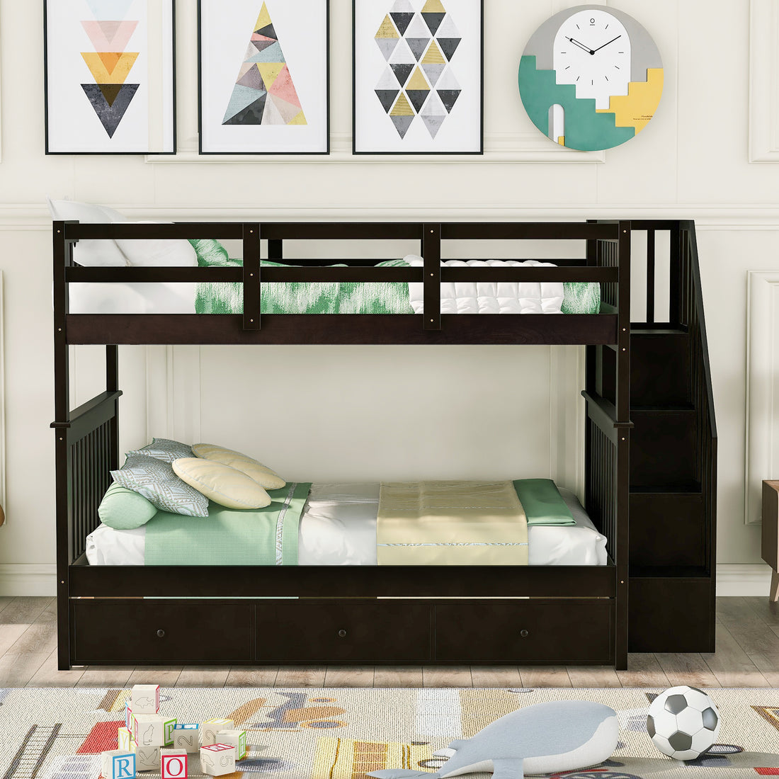 Stairway Full Over Full Bunk Bed With Drawer, Storage And Guard Rail For Bedroom, Espresso Color Old Sku: Lp000310Aap Espresso Solid Wood