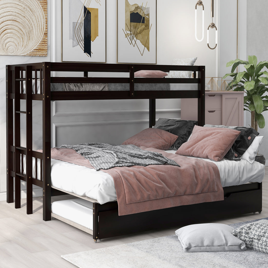 Twin Over Pull Out Bunk Bed With Trundle, Espresso Twin Espresso Pine