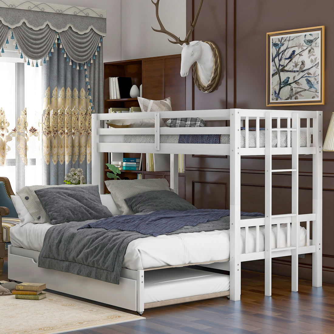 Twin Over Pull Out Bunk Bed With Trundle, White Twin White Pine