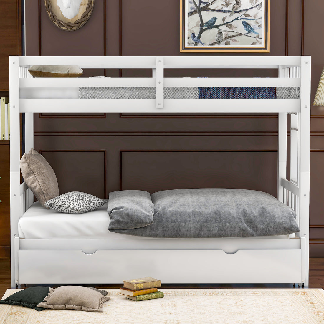 Twin Over Pull Out Bunk Bed With Trundle, White Twin White Pine