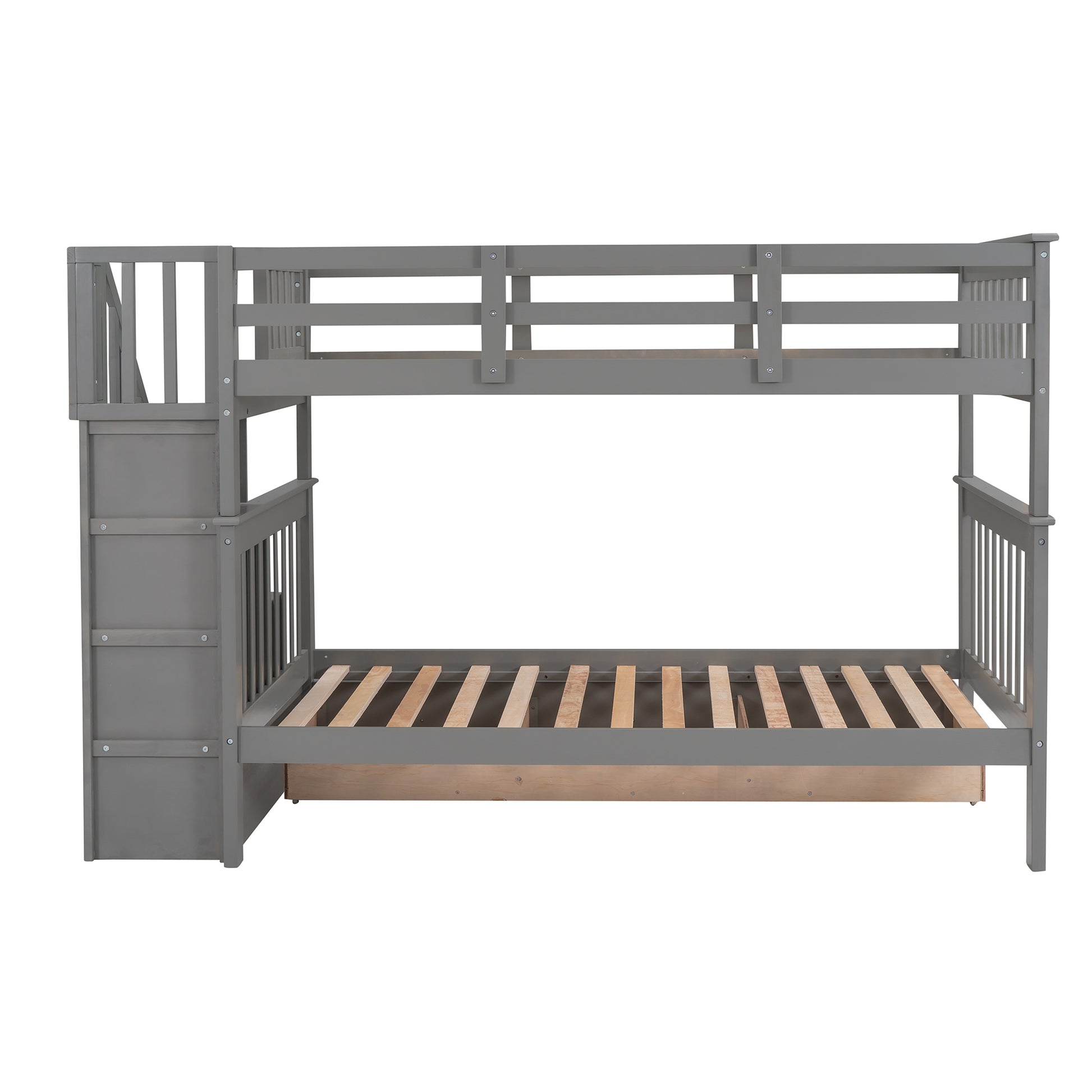 Stairway Twin Over Twin Bunk Bed With Three Drawers For Bedroom, Dorm Gray Old Sku: Lp000309Aae Gray Solid Wood