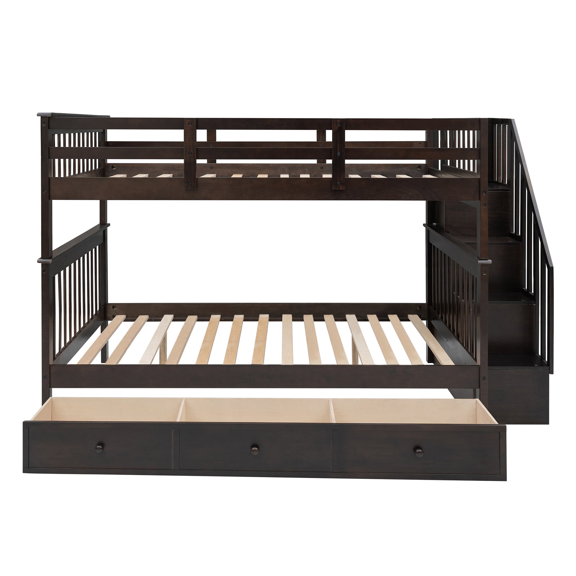 Stairway Full Over Full Bunk Bed With Drawer, Storage And Guard Rail For Bedroom, Espresso Color Old Sku: Lp000310Aap Espresso Solid Wood