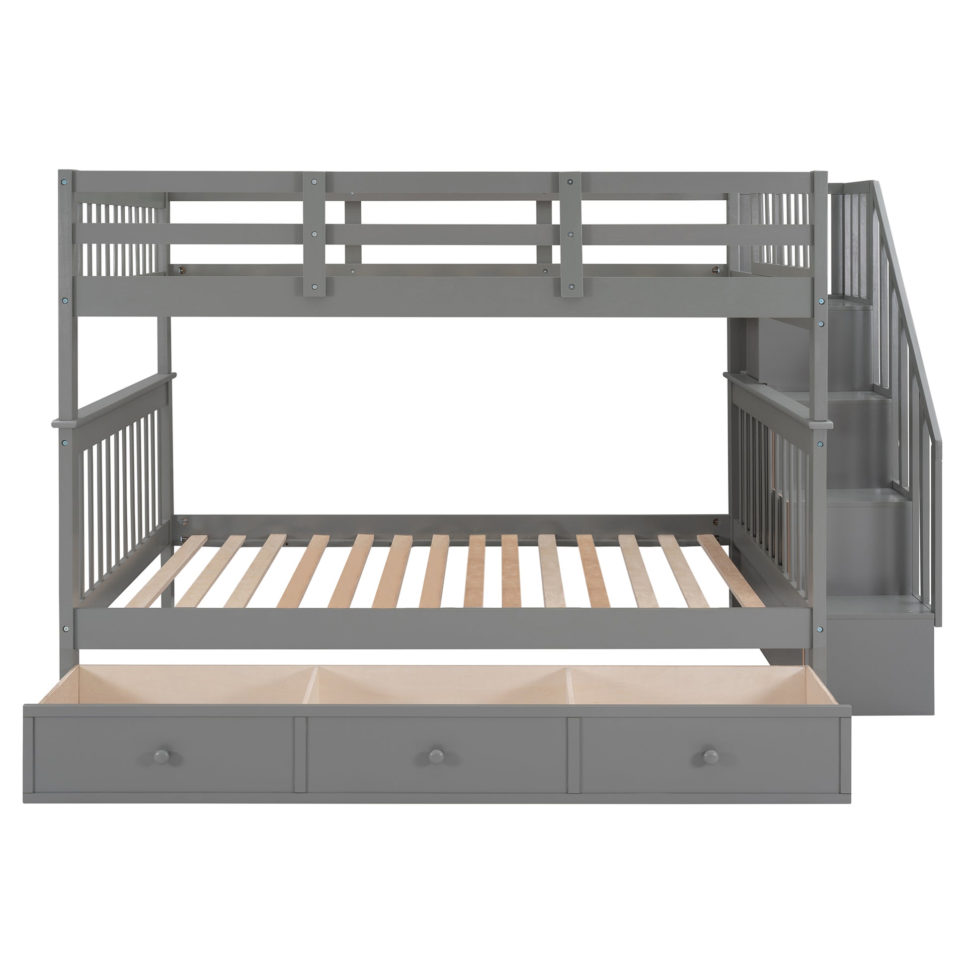 Stairway Full Over Full Bunk Bed With Drawer, Storage And Guard Rail For Bedroom, Gray Color Old Sku: Lp000310Aae Gray Solid Wood