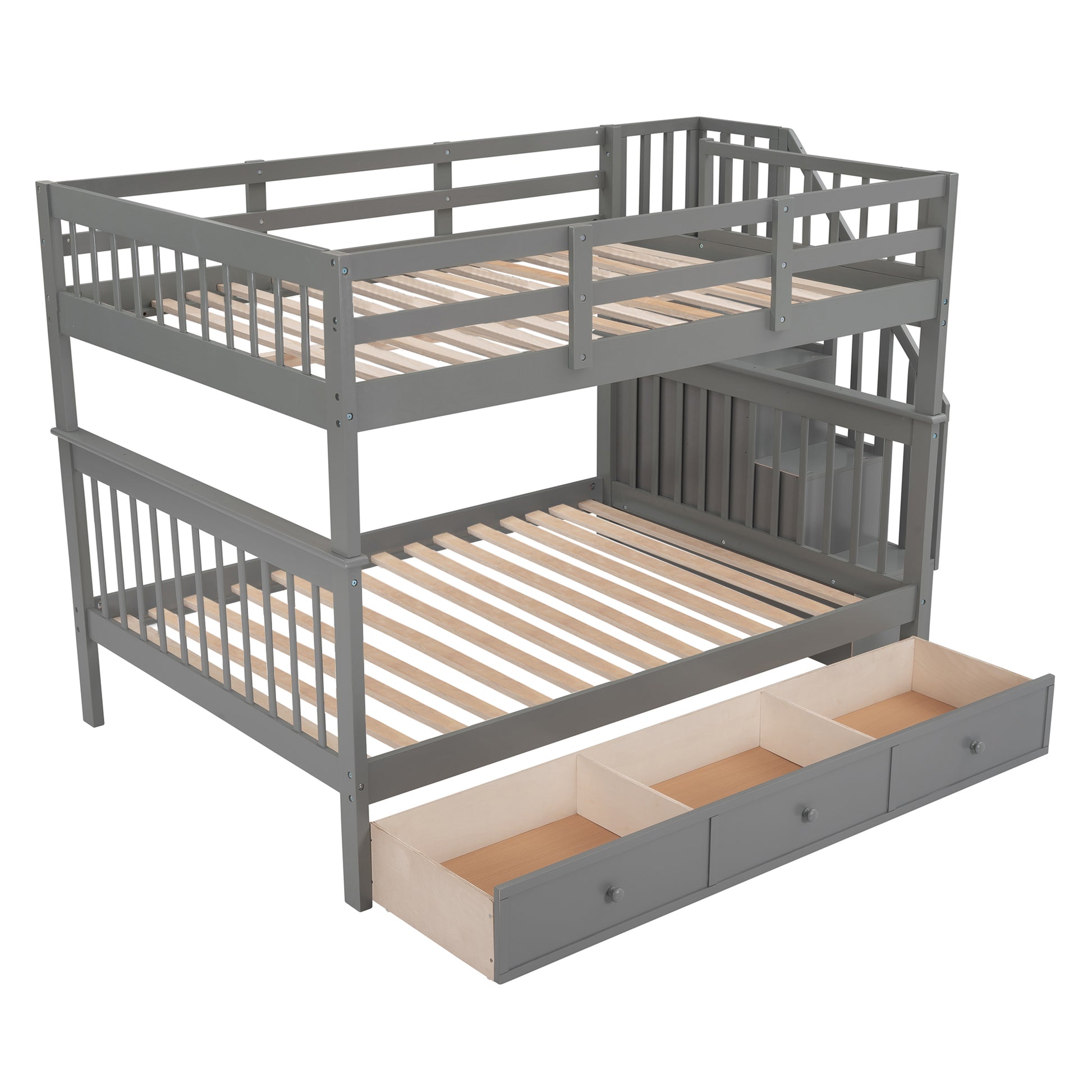 Stairway Full Over Full Bunk Bed With Drawer, Storage And Guard Rail For Bedroom, Gray Color Old Sku: Lp000310Aae Gray Solid Wood