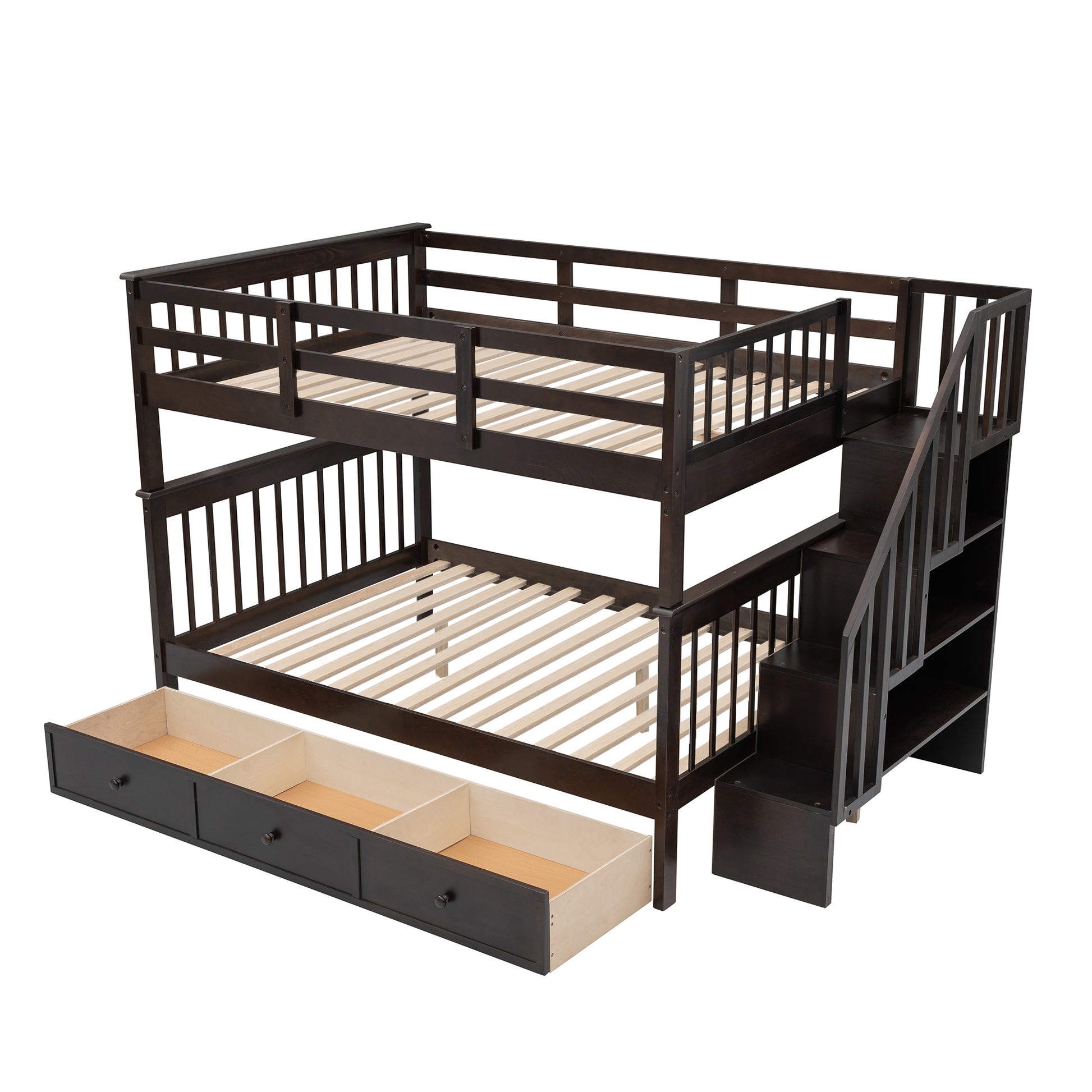 Stairway Full Over Full Bunk Bed With Drawer, Storage And Guard Rail For Bedroom, Espresso Color Old Sku: Lp000310Aap Espresso Solid Wood