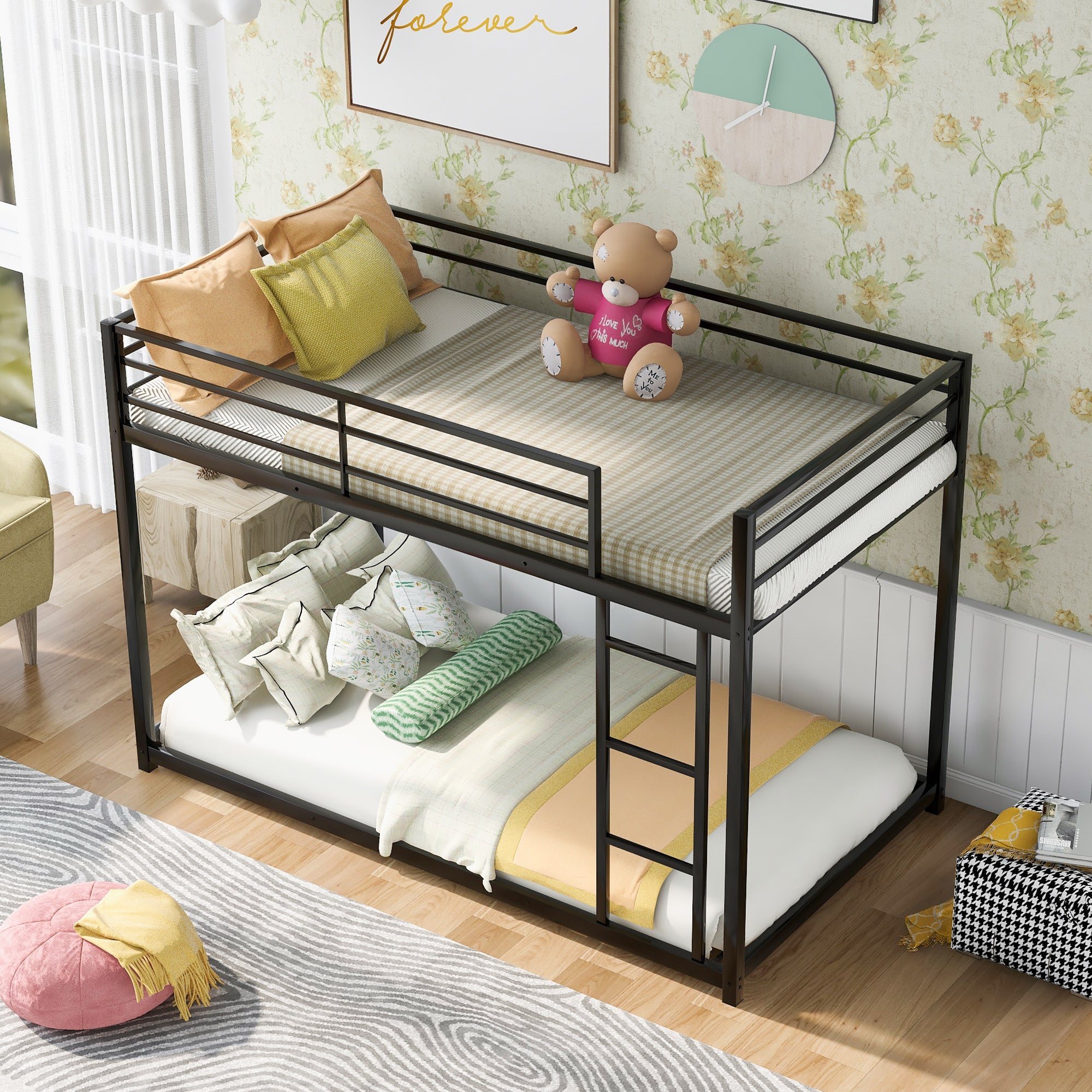 Twin over Twin Metal Bunk Bed, Low Bunk Bed with black-steel