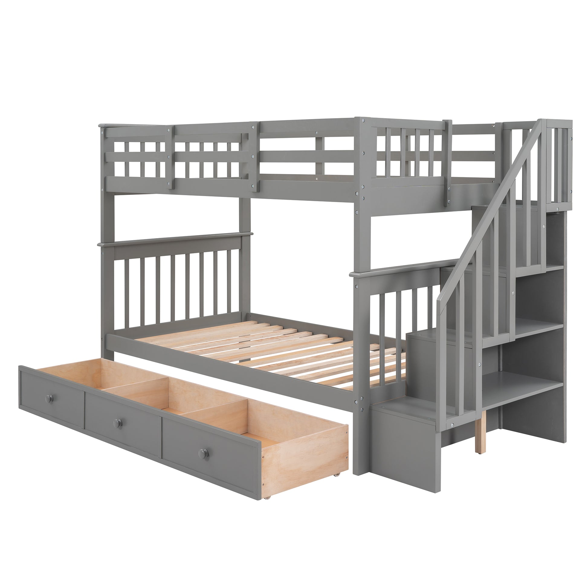 Stairway Twin Over Twin Bunk Bed With Three Drawers For Bedroom, Dorm Gray Old Sku: Lp000309Aae Gray Solid Wood