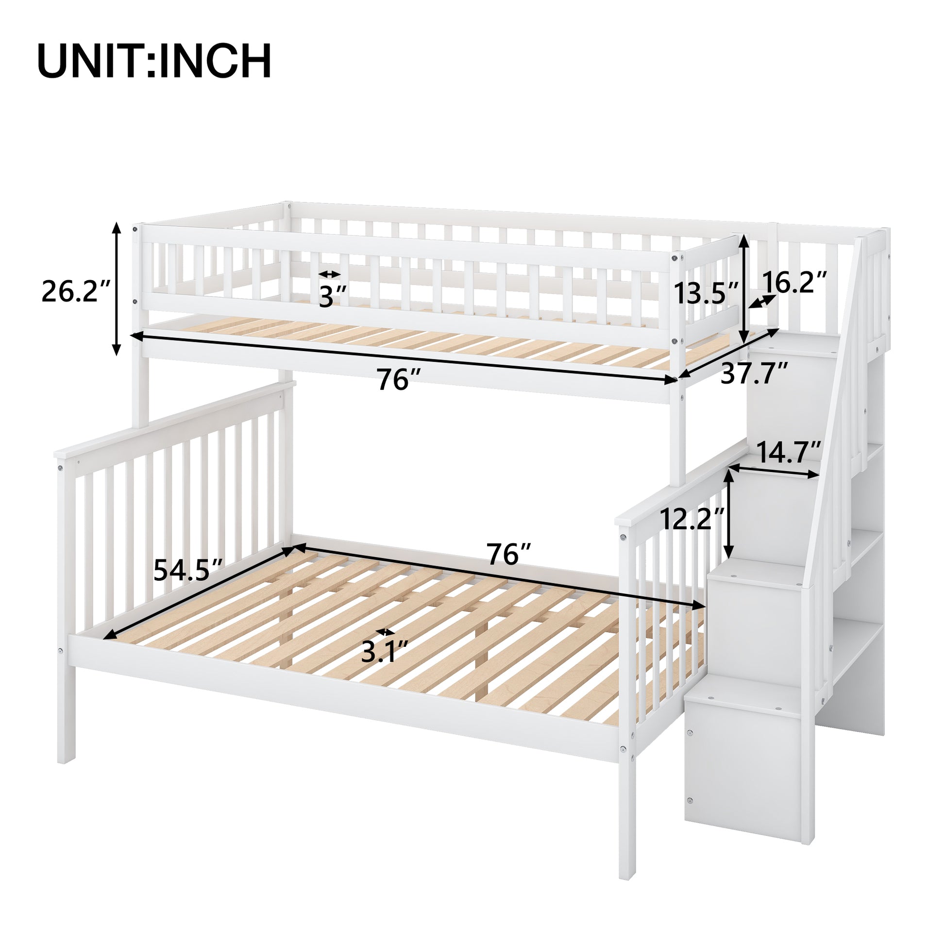 Twin Over Full Stairway Bunk Bed With Storage, White Twin White Pine