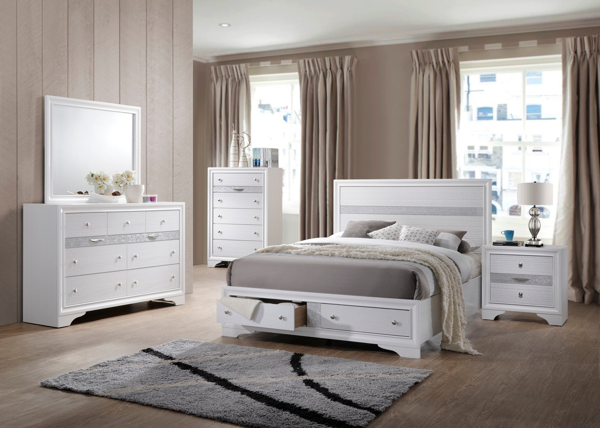 Matrix Traditional Queen 5 Pc Storage Bedroom Set Made With Wood In White Box Spring Not Required Queen White Wood 5 Piece Set Bedroom Bed Included,Chest Included,Dresser Included,Mirror Included,Nightstand Included Traditional Solid Wood Mdf Tufted Wood