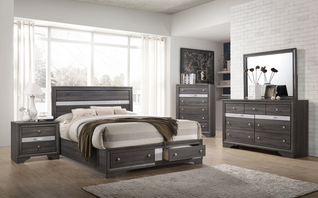 Matrix Traditional Style Full 5Pc Storage Bedroom Set Made With Wood In Gray Box Spring Not Required Full Gray Wood 5 Piece Set Bedroom Bed Included,Chest Included,Dresser Included,Mirror Included,Nightstand Included Traditional Solid Wood Mdf Wood