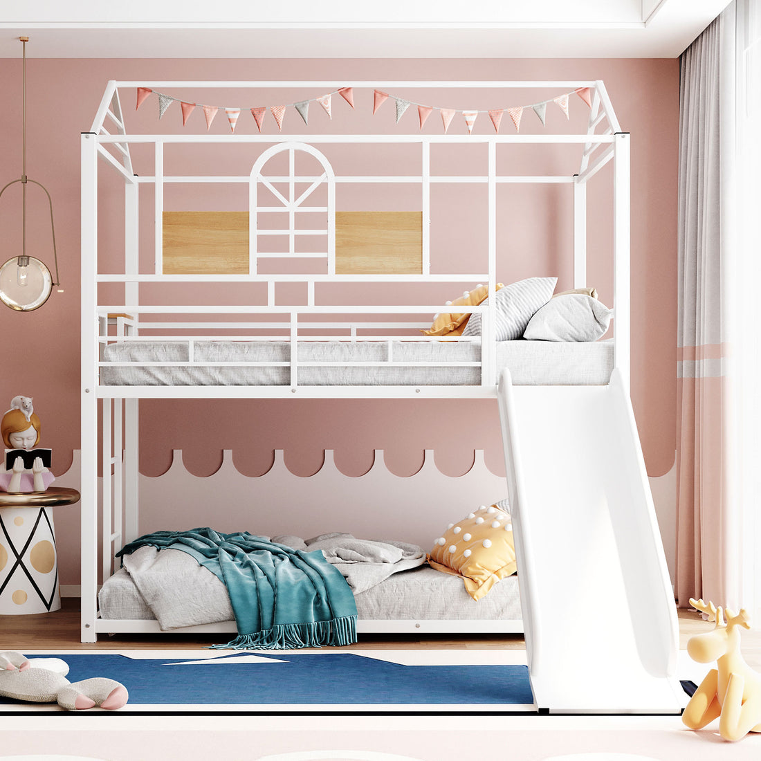 Twin Over Twin Metal Bunk Bed ,Metal Housebed With Slide,Three Colors Available. White With White Slide Old Sku :Lp000095Aak Twin White Metal