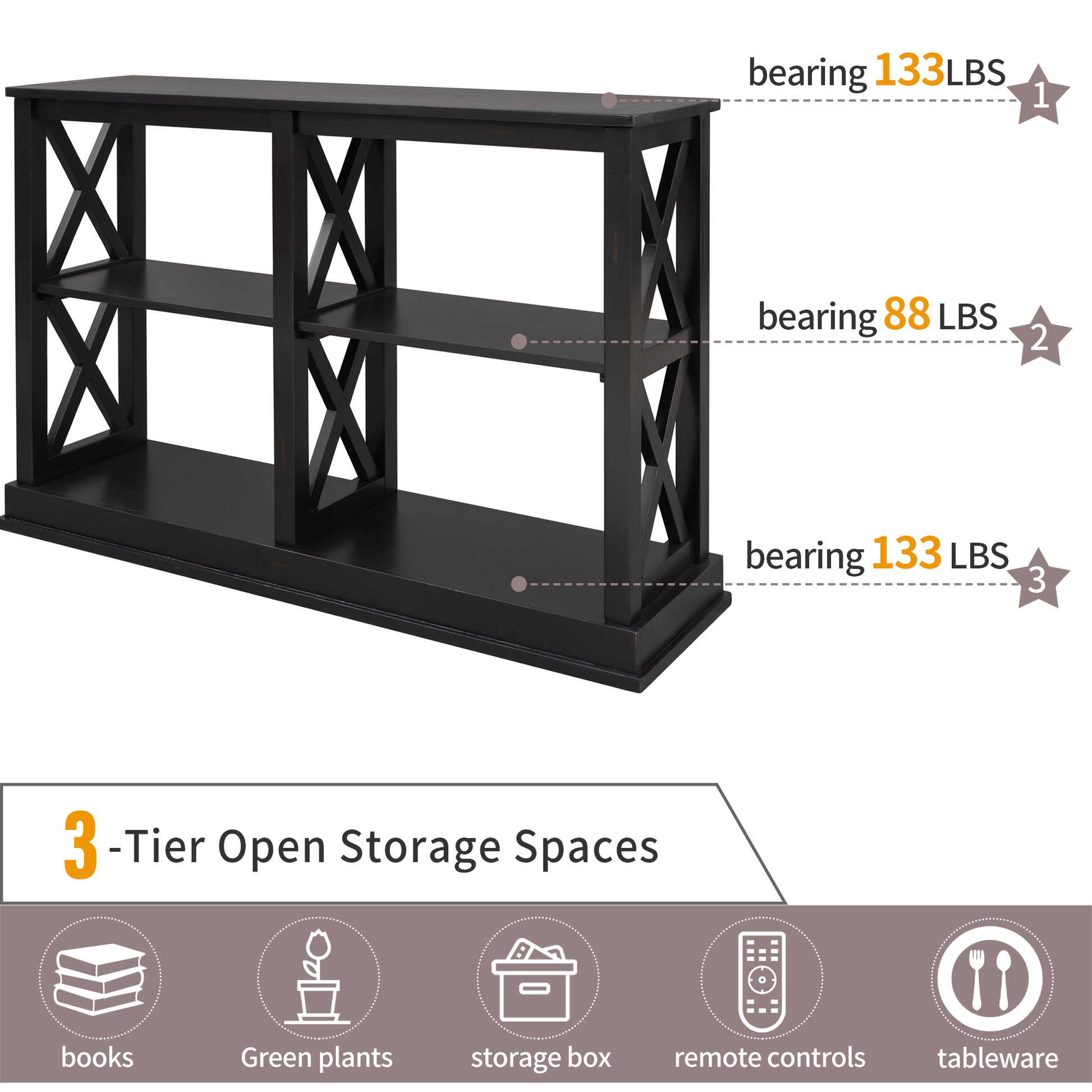 Console Table With 3 Tier Open Storage Spaces And "X" Legs, Narrow Sofa Entry Table For Living Room, Entryway And Hallway Black Black Solid Wood