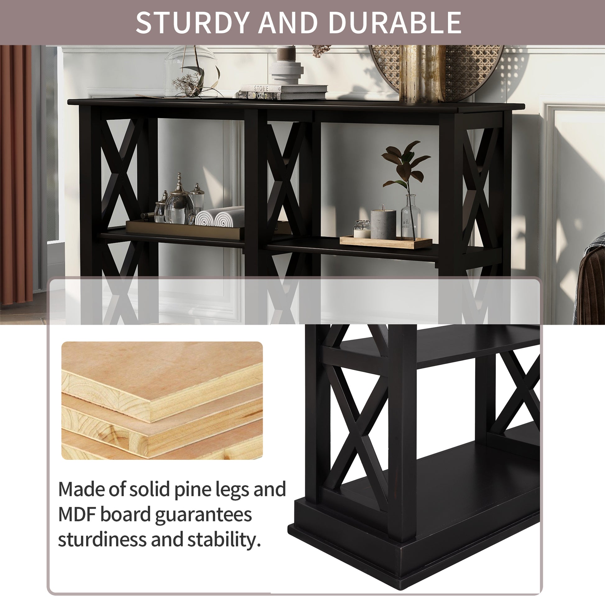 Console Table With 3 Tier Open Storage Spaces And "X" Legs, Narrow Sofa Entry Table For Living Room, Entryway And Hallway Black Black Solid Wood