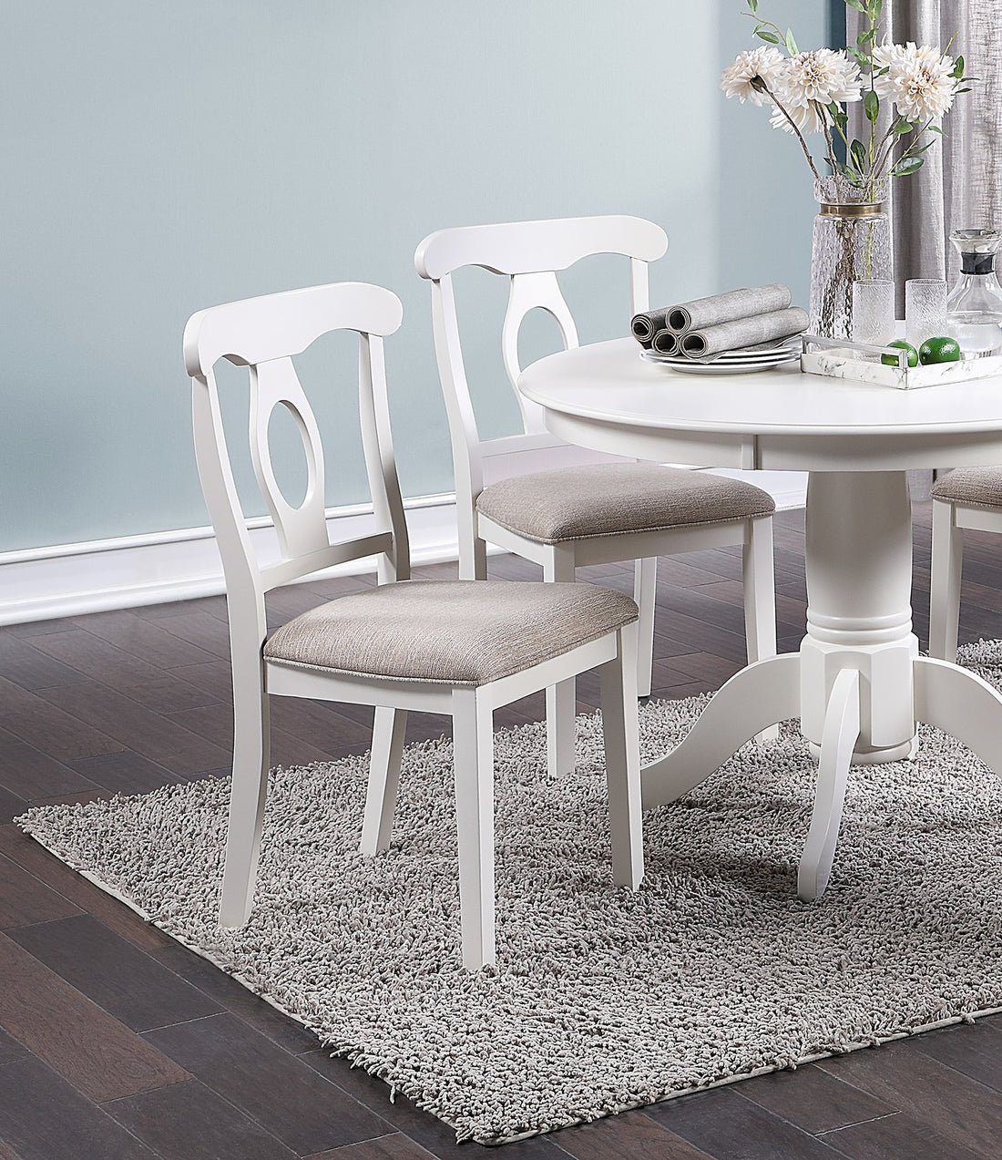 Classic Design Dining Room 5Pc Set Round Table 4X Side Chairs Cushion Fabric Upholstery Seat Rubberwood Furniture Wood White White Wood Dining Room Classic,Contemporary,Modern Rubberwood Pedestal Dining Table With Chair Mdf