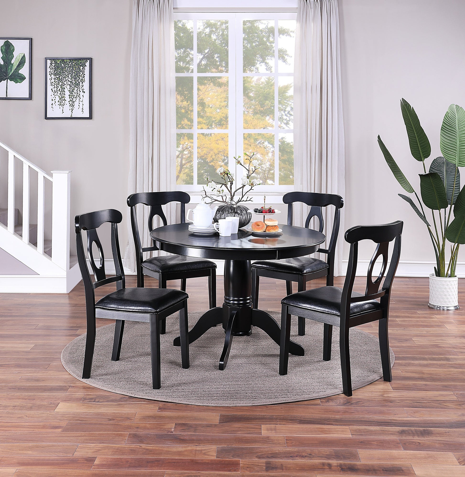 Classic Design Dining Room 5pc Set Round Table 4x side wood-wood-black-seats 4-wood-dining room-42