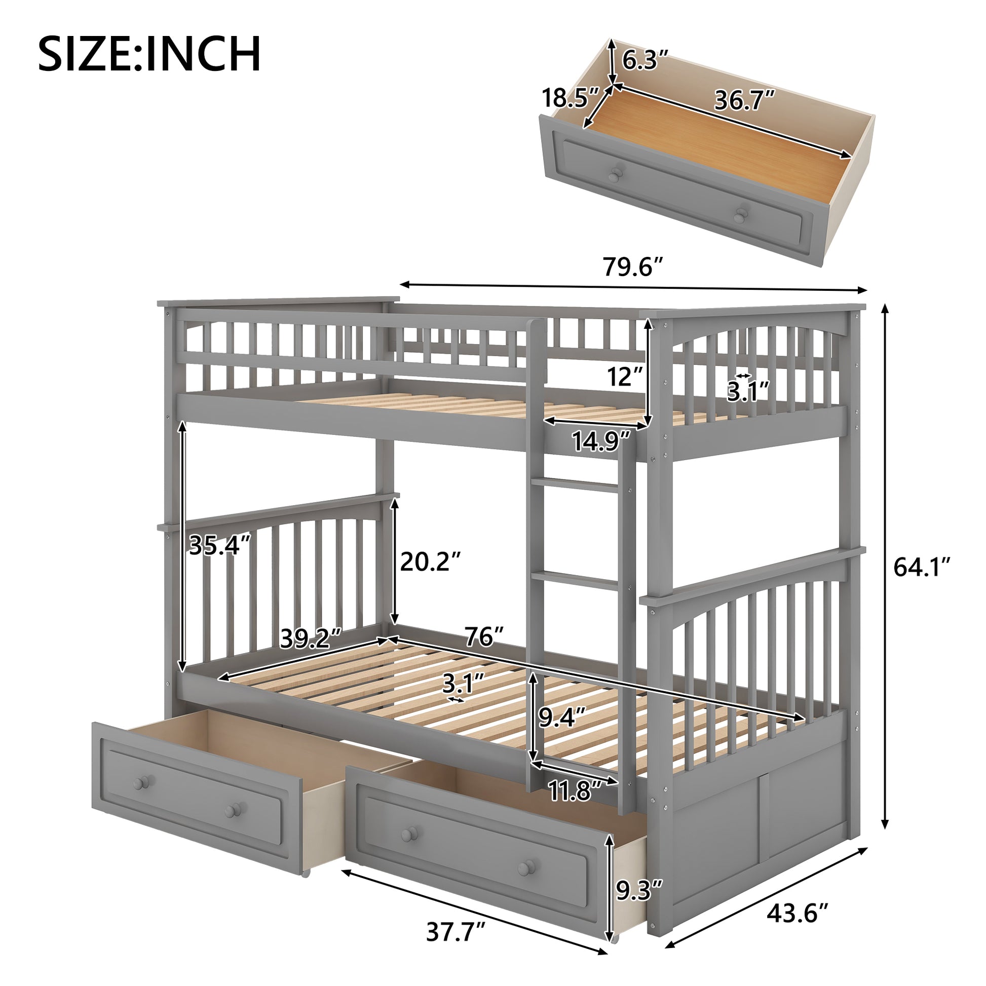 Twin Over Twin Bunk Bed With Drawers, Convertible Beds, Gray Old Sku: Sm000240Aae 1 Box Spring Not Required Twin Gray Wood Bedroom Bunk Pine