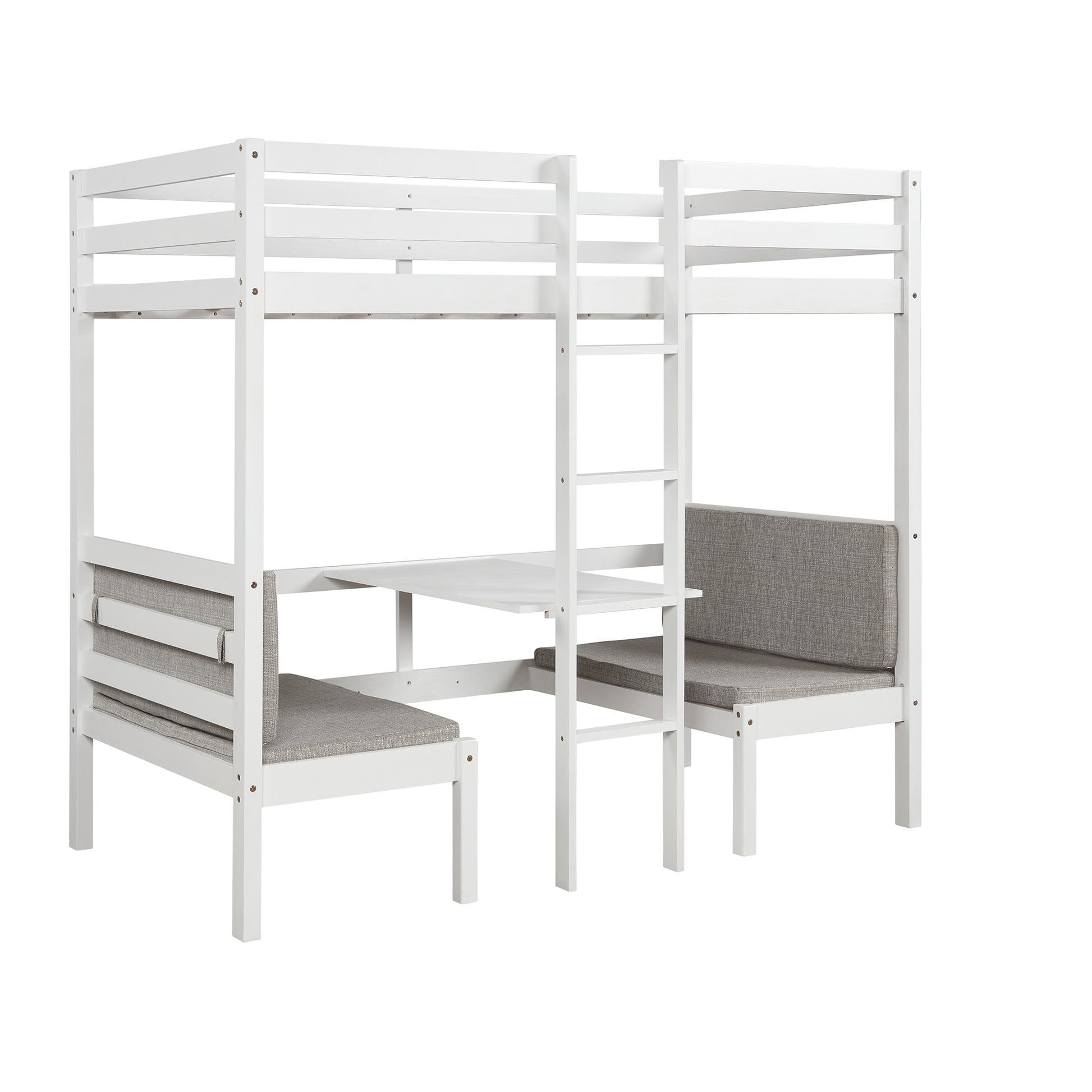 Functional Loft Bed Turn Into Upper Bed And Down Desk,Cushion Sets Are Free ,Twin Size,White White Pine