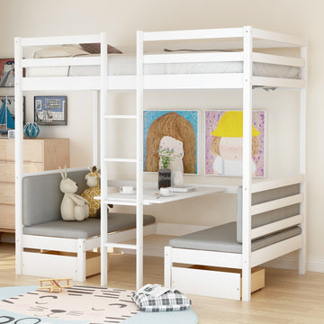 Functional Loft Bed Turn Into Upper Bed And Down Desk,Cushion Sets Are Free ,Twin Size,White White Pine