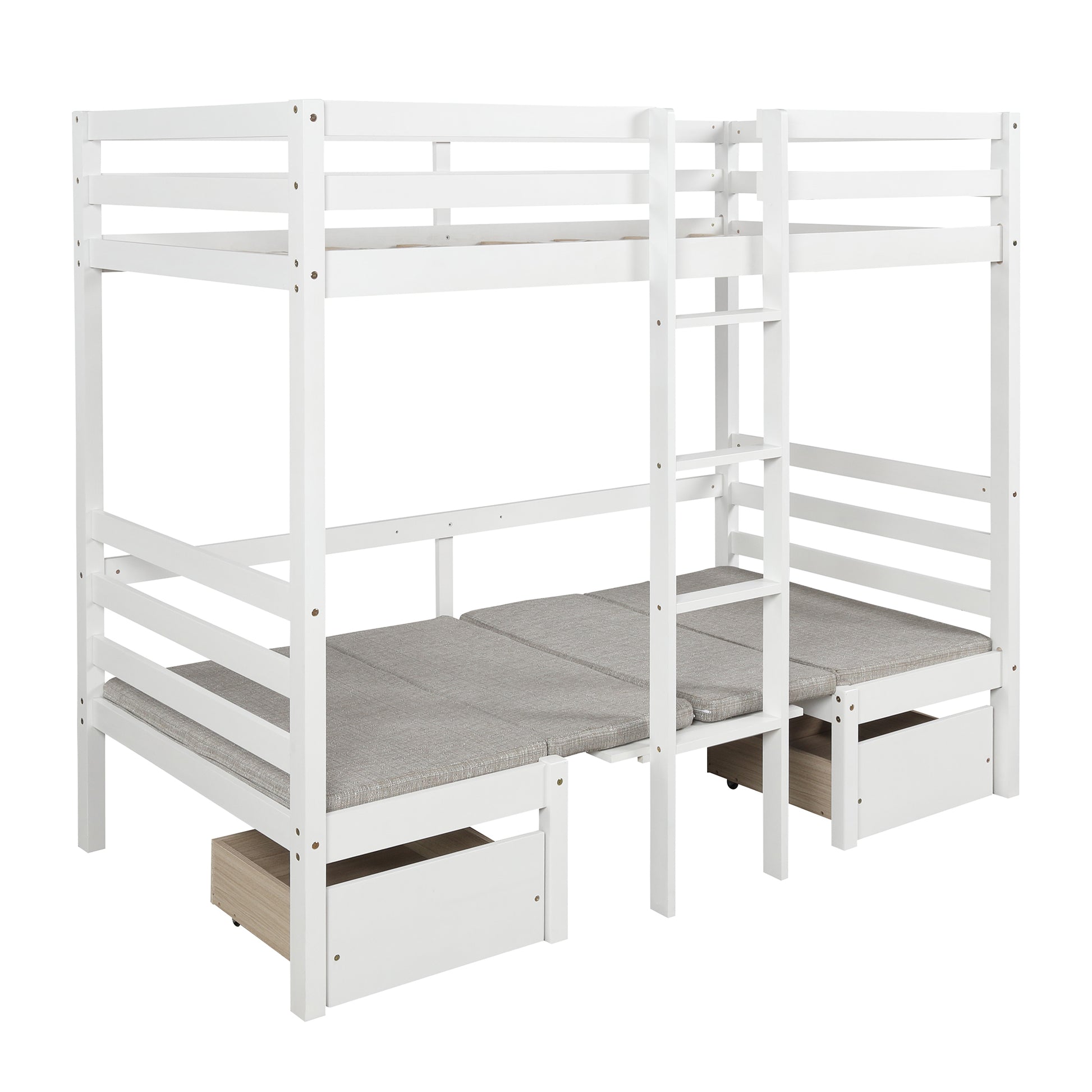 Functional Loft Bed Turn Into Upper Bed And Down Desk,Cushion Sets Are Free ,Twin Size,White White Pine