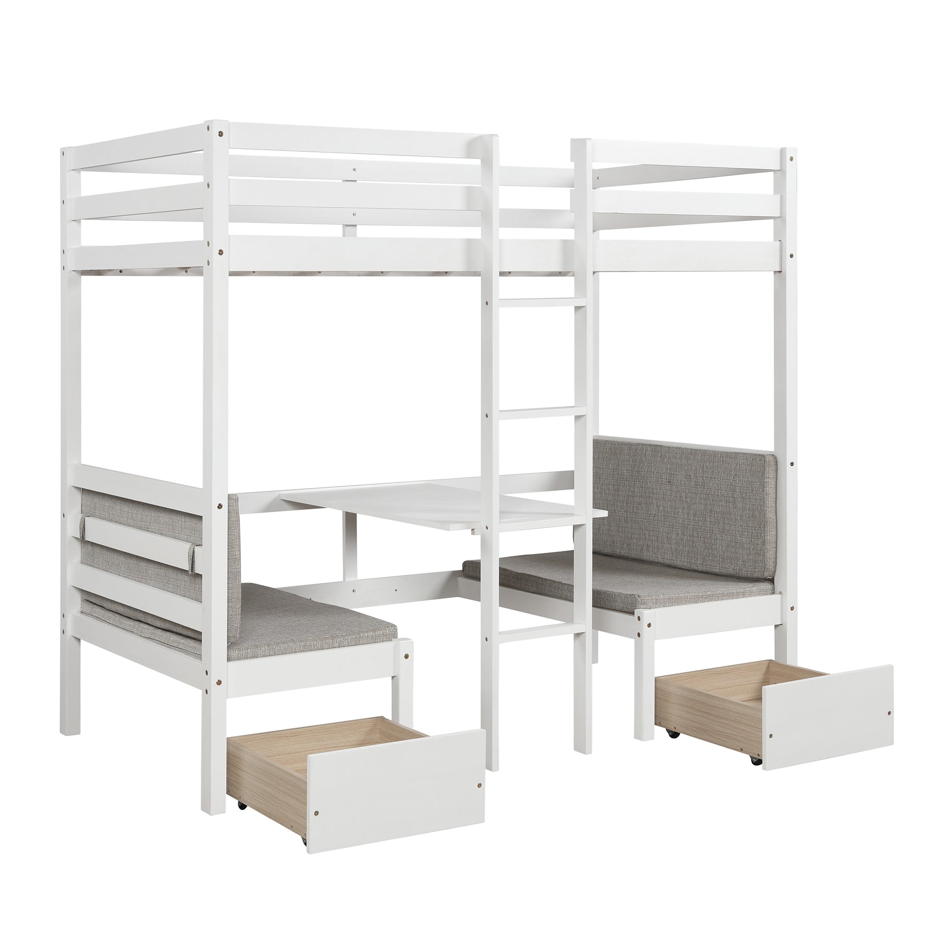 Functional Loft Bed Turn Into Upper Bed And Down Desk,Cushion Sets Are Free ,Twin Size,White White Pine