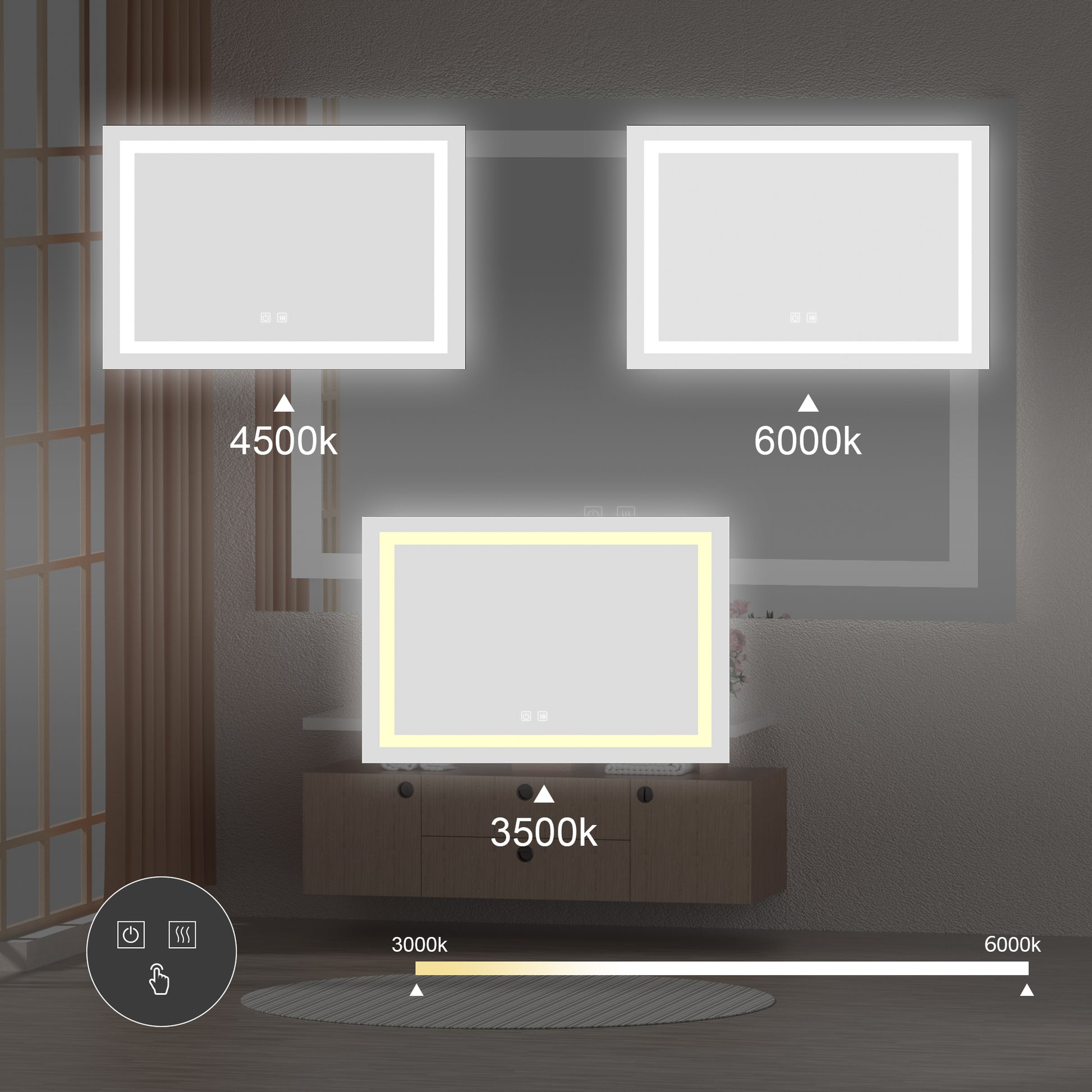 48 X 36 Inch Frameless Rectangular Led Bathroom Vanity Mirror With Touch Sensor, Anti Fog, And 3 Color Options In Silver Silver Glass