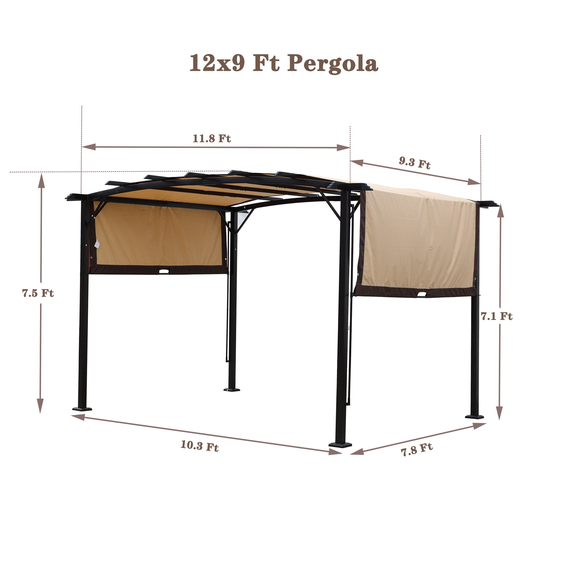 12 x 9 Ft Outdoor Pergola Patio Gazebo,Retractable beige+brown-steel