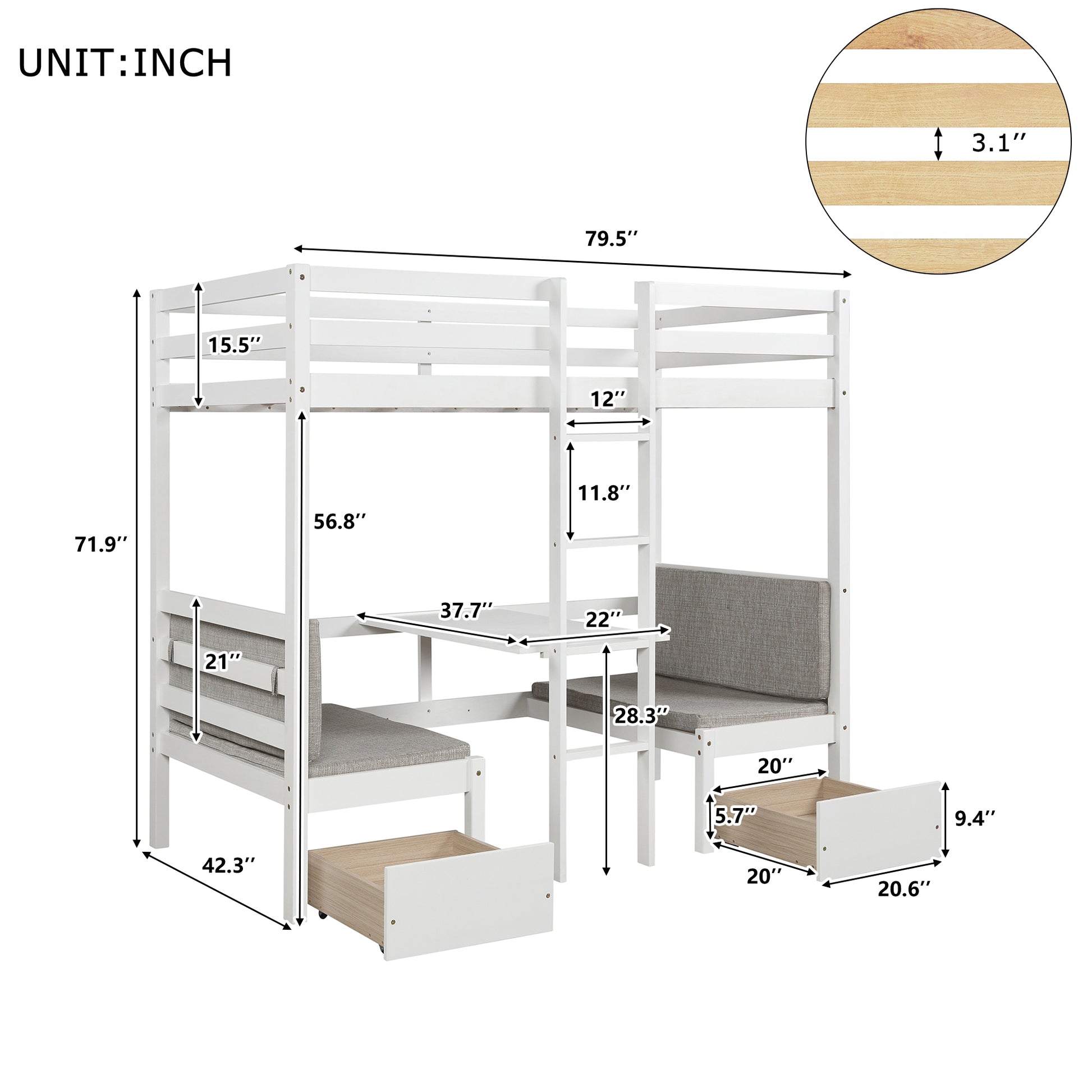 Functional Loft Bed Turn Into Upper Bed And Down Desk,Cushion Sets Are Free ,Twin Size,White White Pine