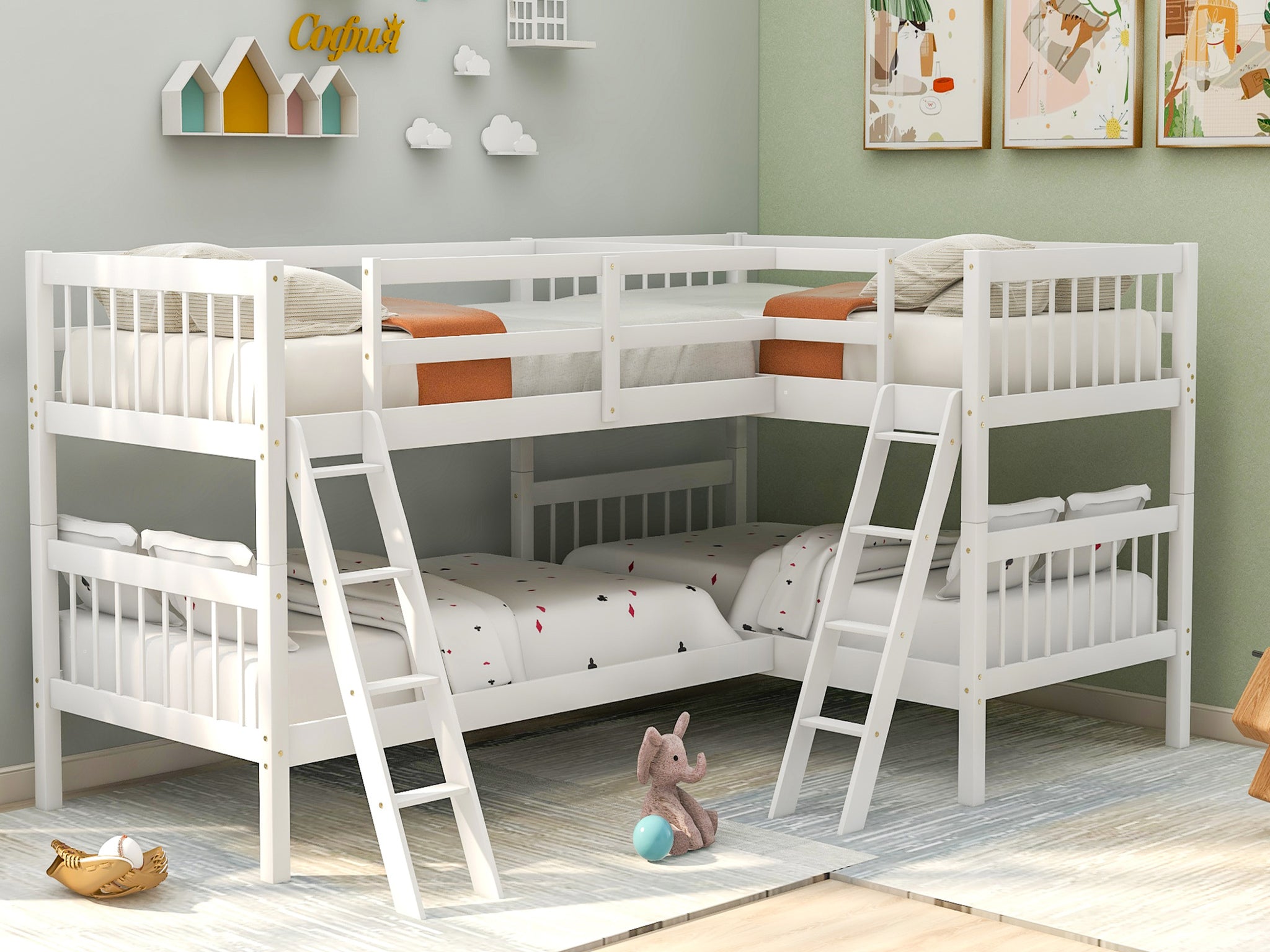 L Shaped Bunk Bed With Ladder,Twin Size Gray Old Sku :Lp000020Aak White Solid Wood