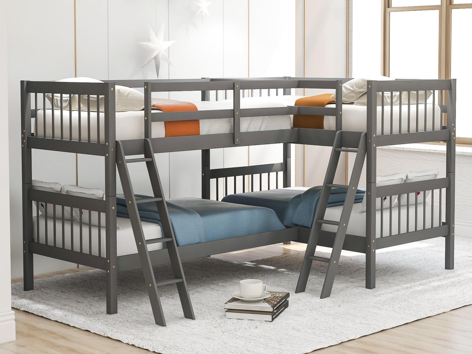 L Shaped Bunk Bed With Ladder,Twin Size Gray Old Sku :Lp000020Aae Gray Solid Wood