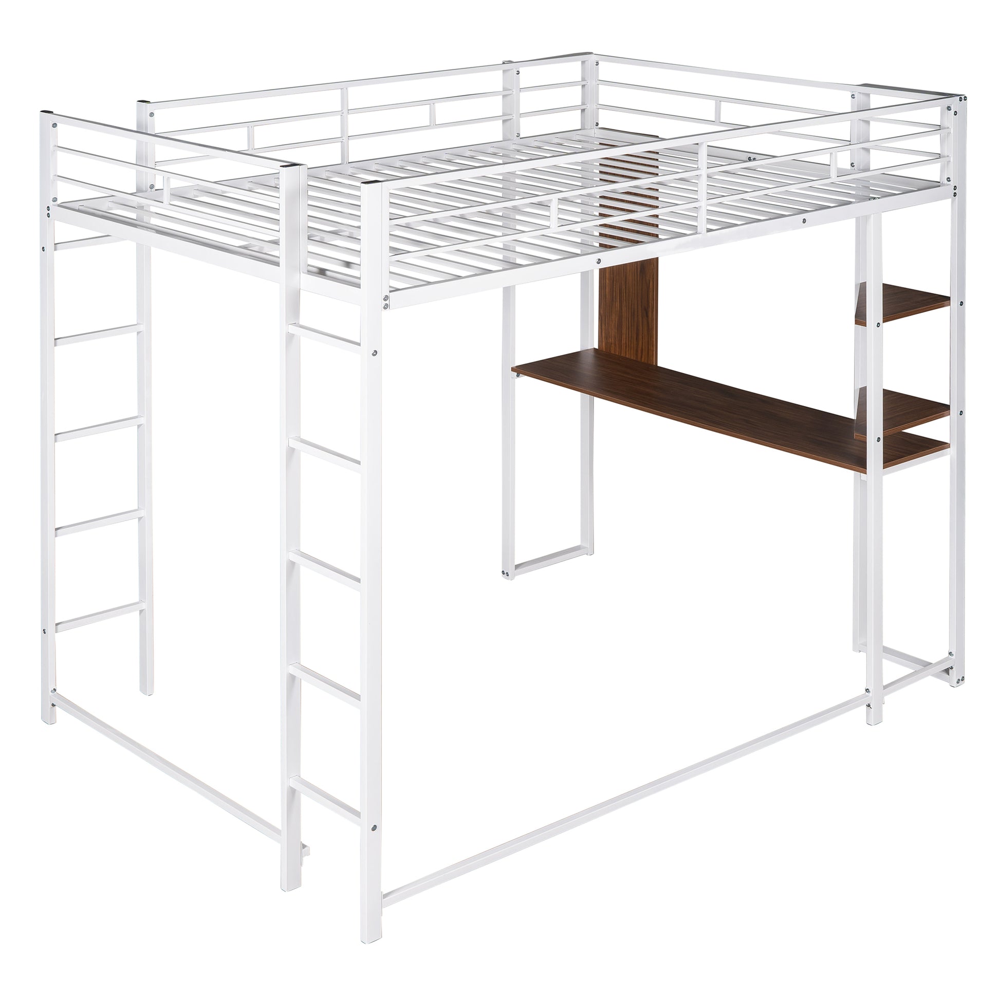 Full Size Metal Loft Bed With 2 Shelves And One Desk ,White Old Sku: Lp000191Aak White Metal