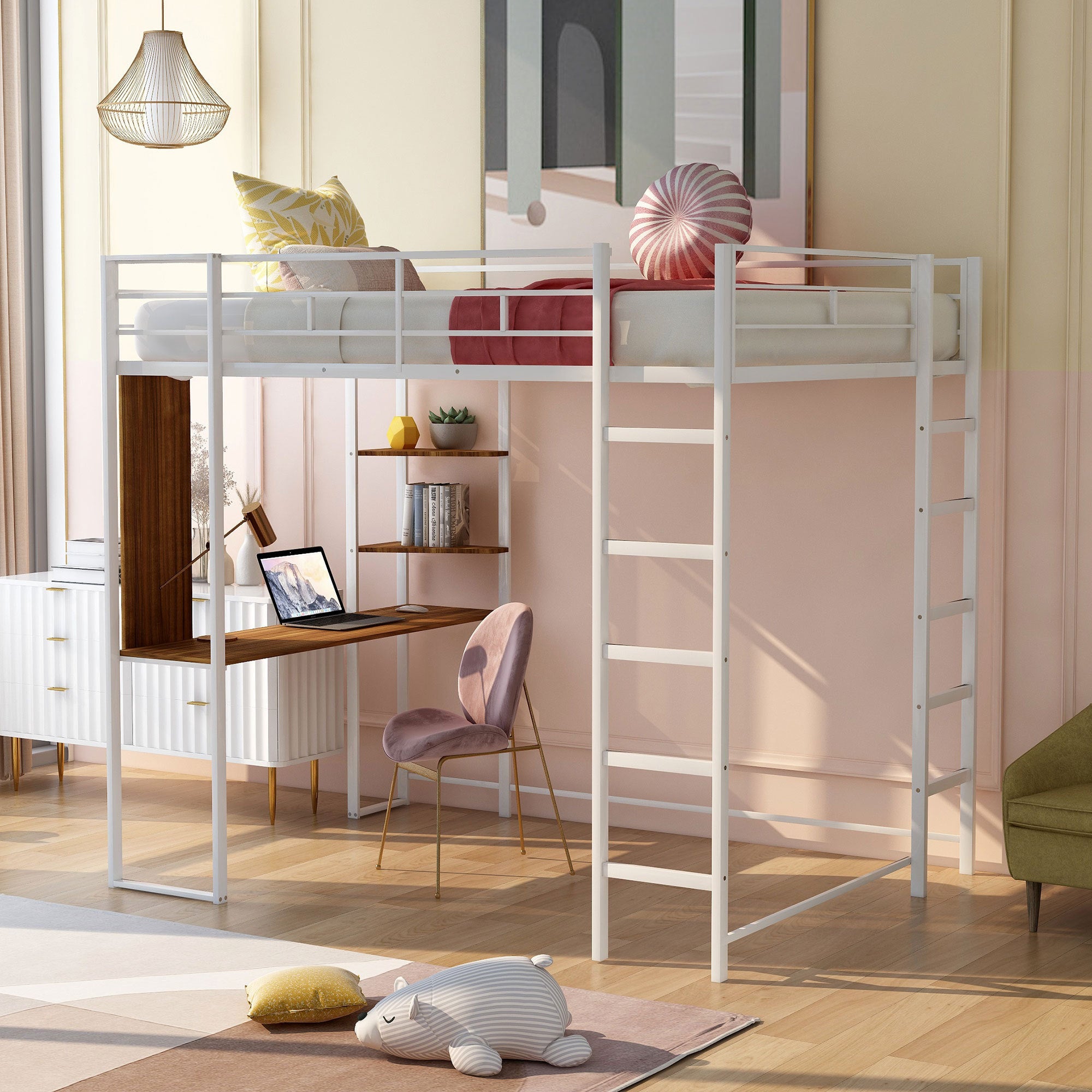 Full Size Metal Loft Bed With 2 Shelves And One Desk ,White Old Sku: Lp000191Aak White Metal