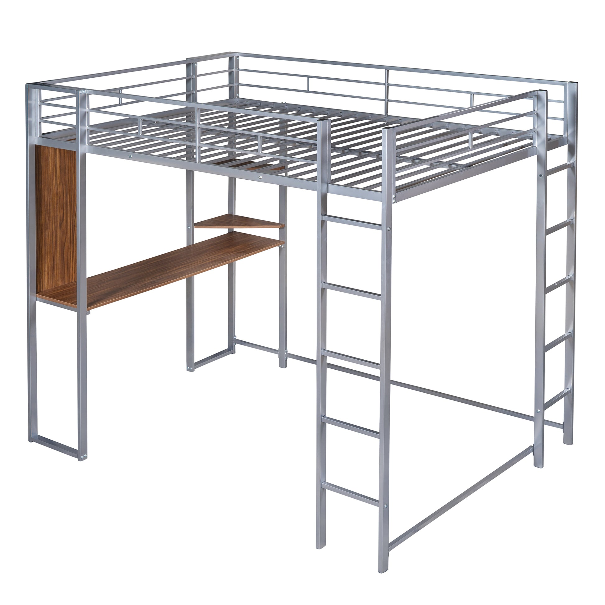 Full Size Metal Loft Bed With 2 Shelves And One Desk ,Silver Old Sku: Lp000191Aan Silver Metal